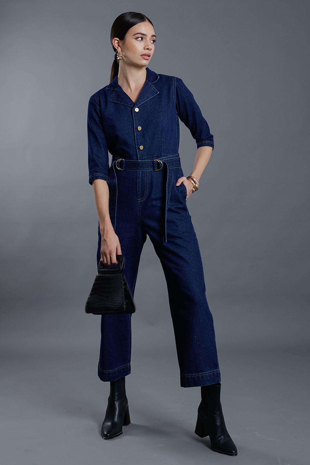 Vanten Blue Denim Flap Collar Jumpsuit for women online at ScrollnShops