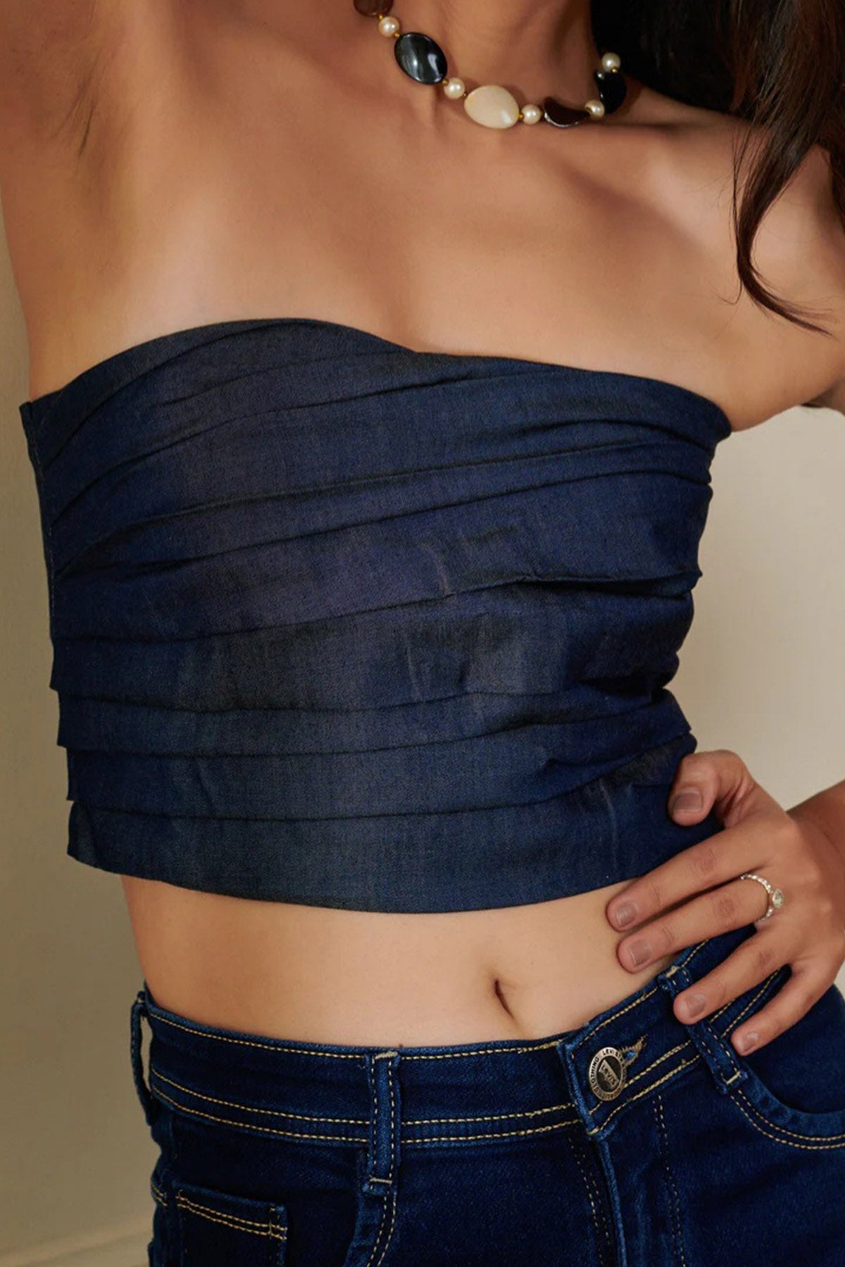 Blue Denim Pleated Corset Top
