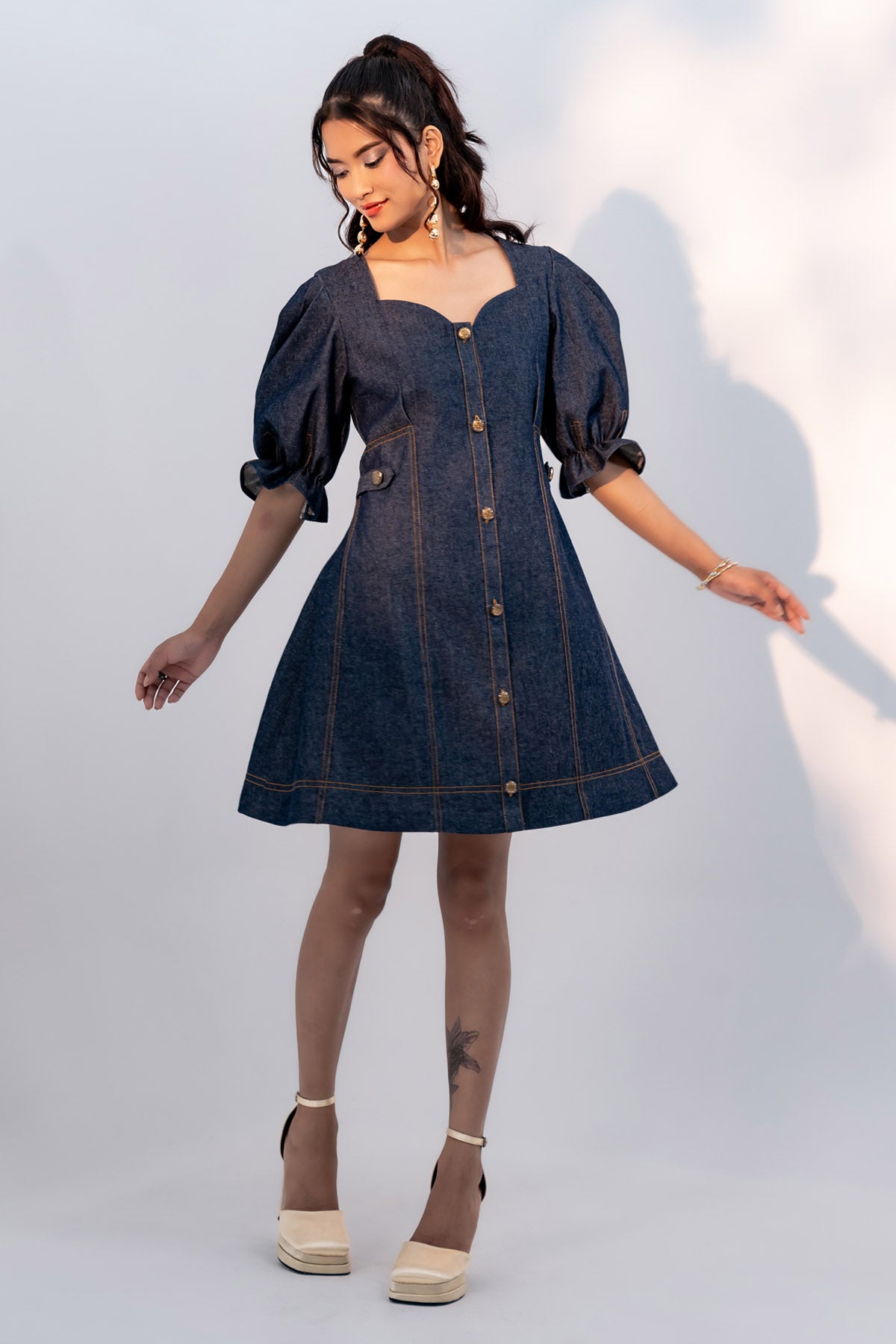 Buy Enness Studio Blue Denim Puff Sleeves Dress for women