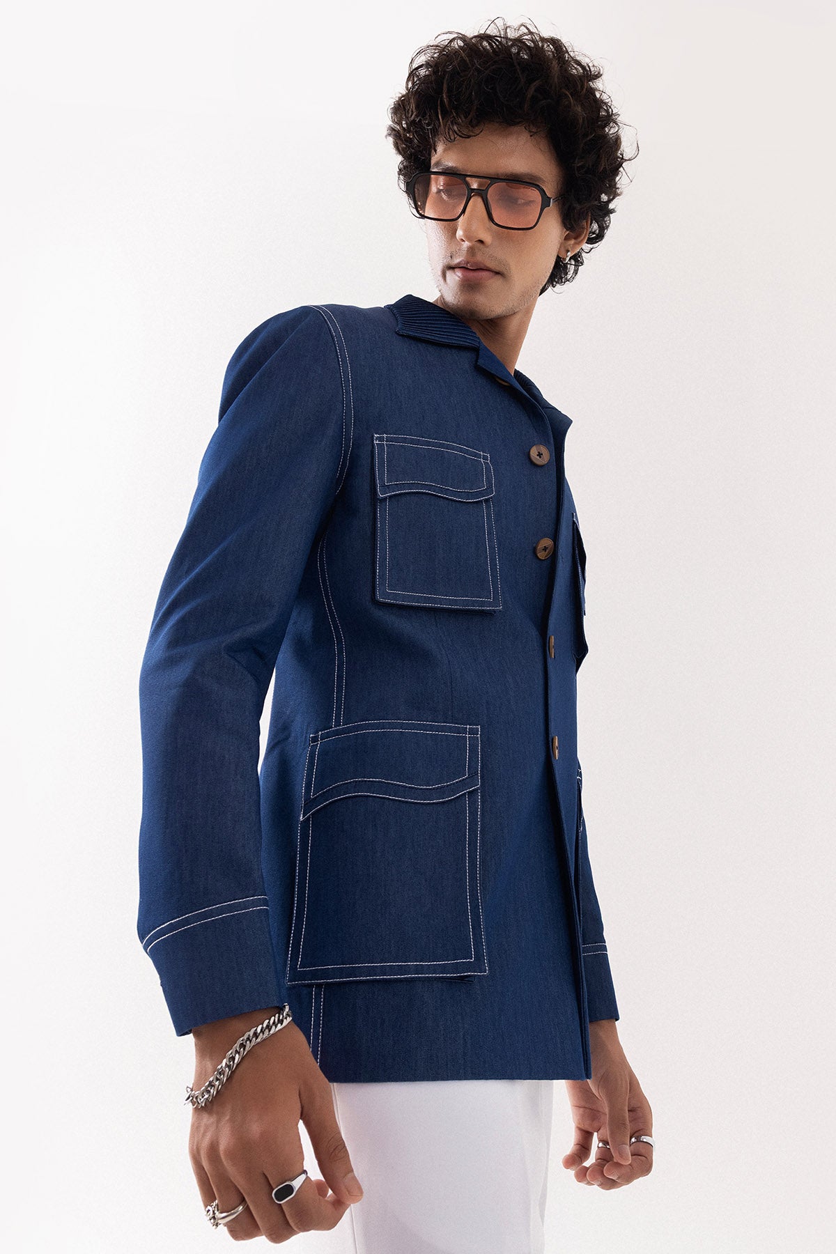 Blue Denim Stitch Bomber Jacket
