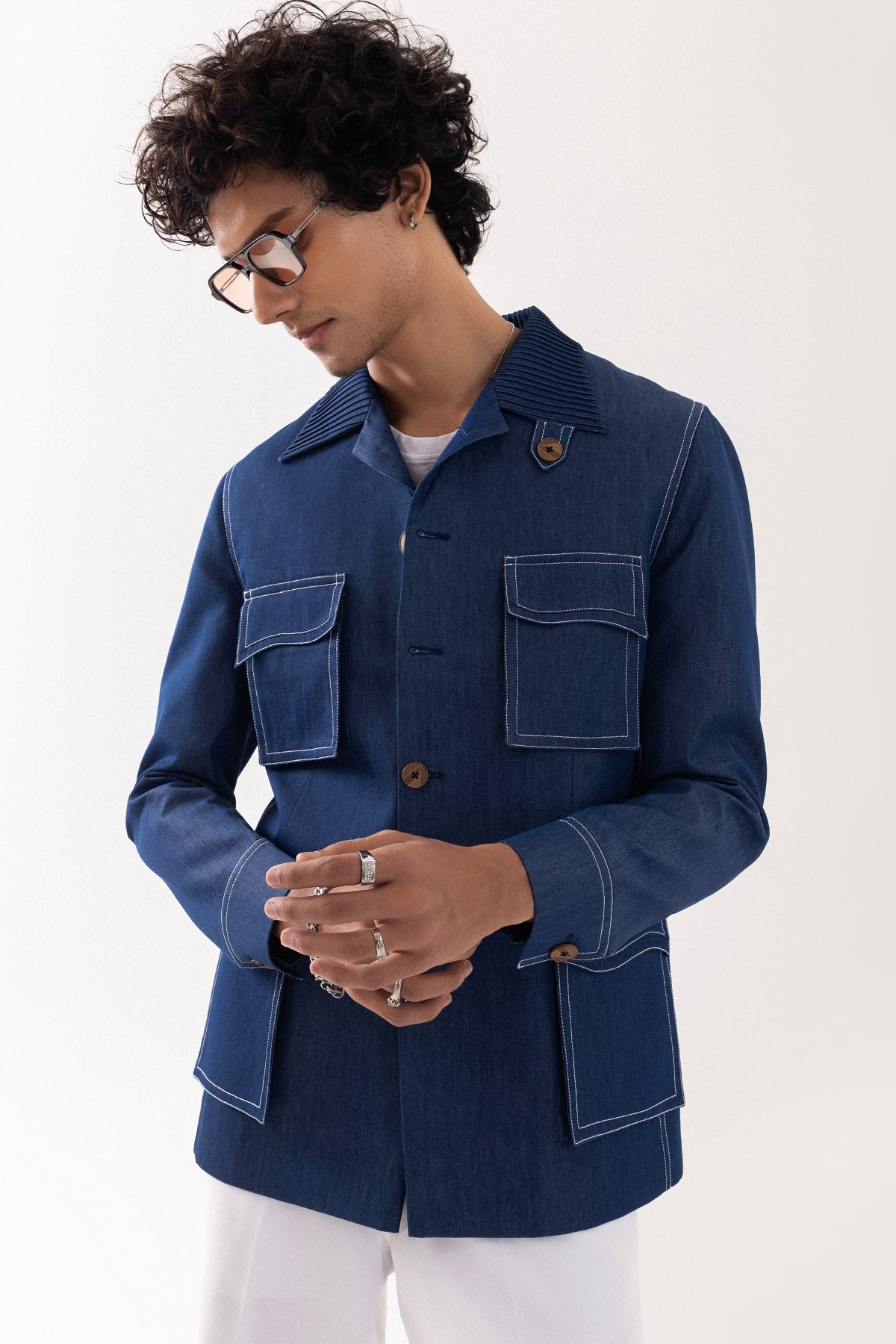 Buy Blue Denim Stitch Bomber Jacket for men by Paarsh Atelier online available at scrollnshops