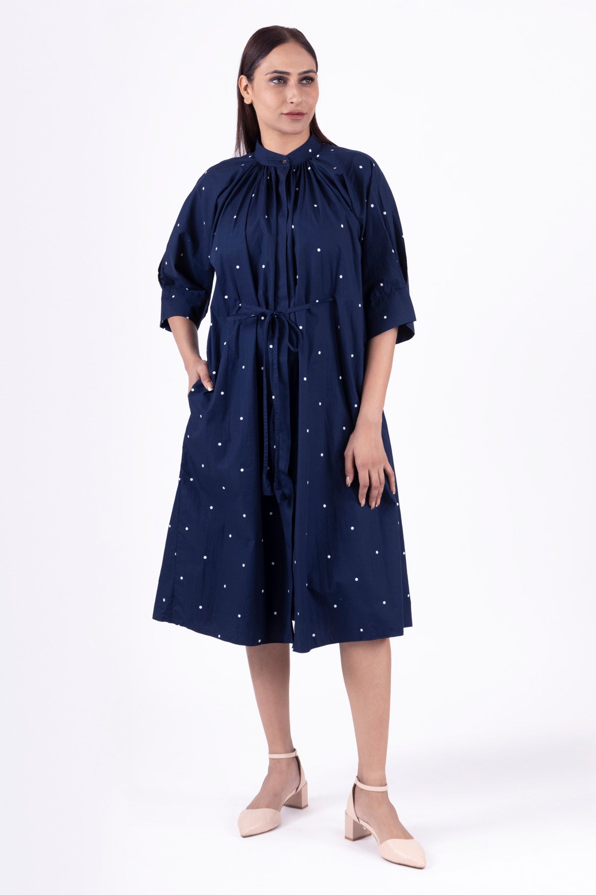 Buy Designer Blue Dot Print Pleated Dress Online