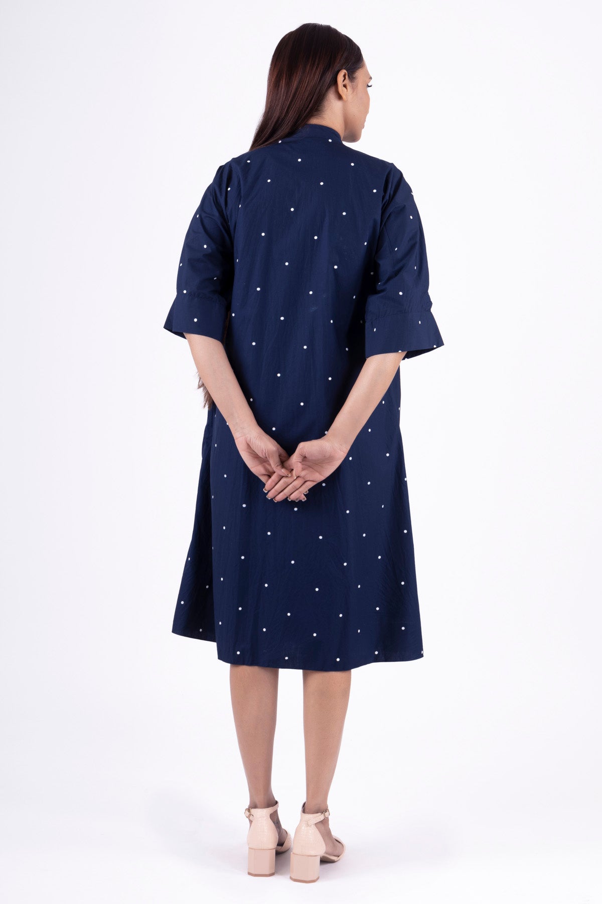 Blue Dot Print Pleated Dress