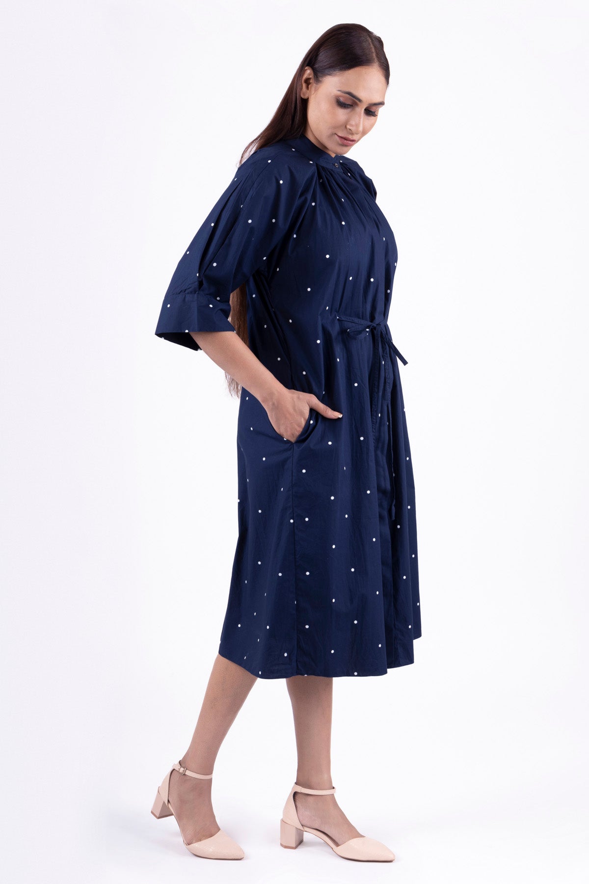 Blue Dot Print Pleated Dress