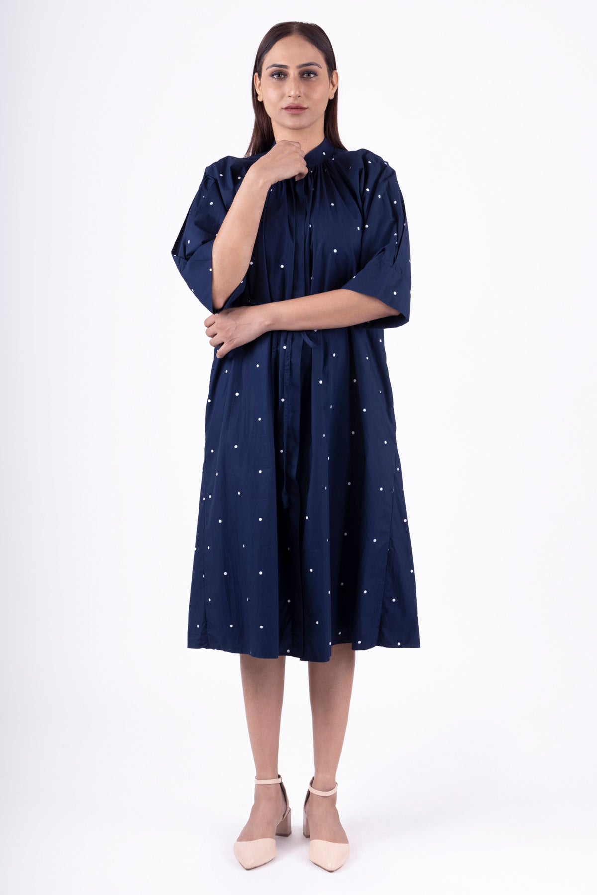 Blue Dot Print Pleated Dress