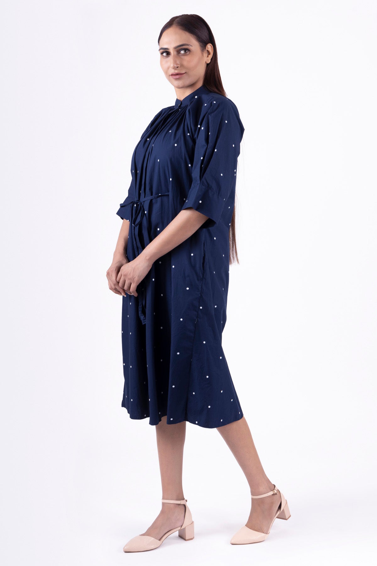 Blue Dot Print Pleated Dress