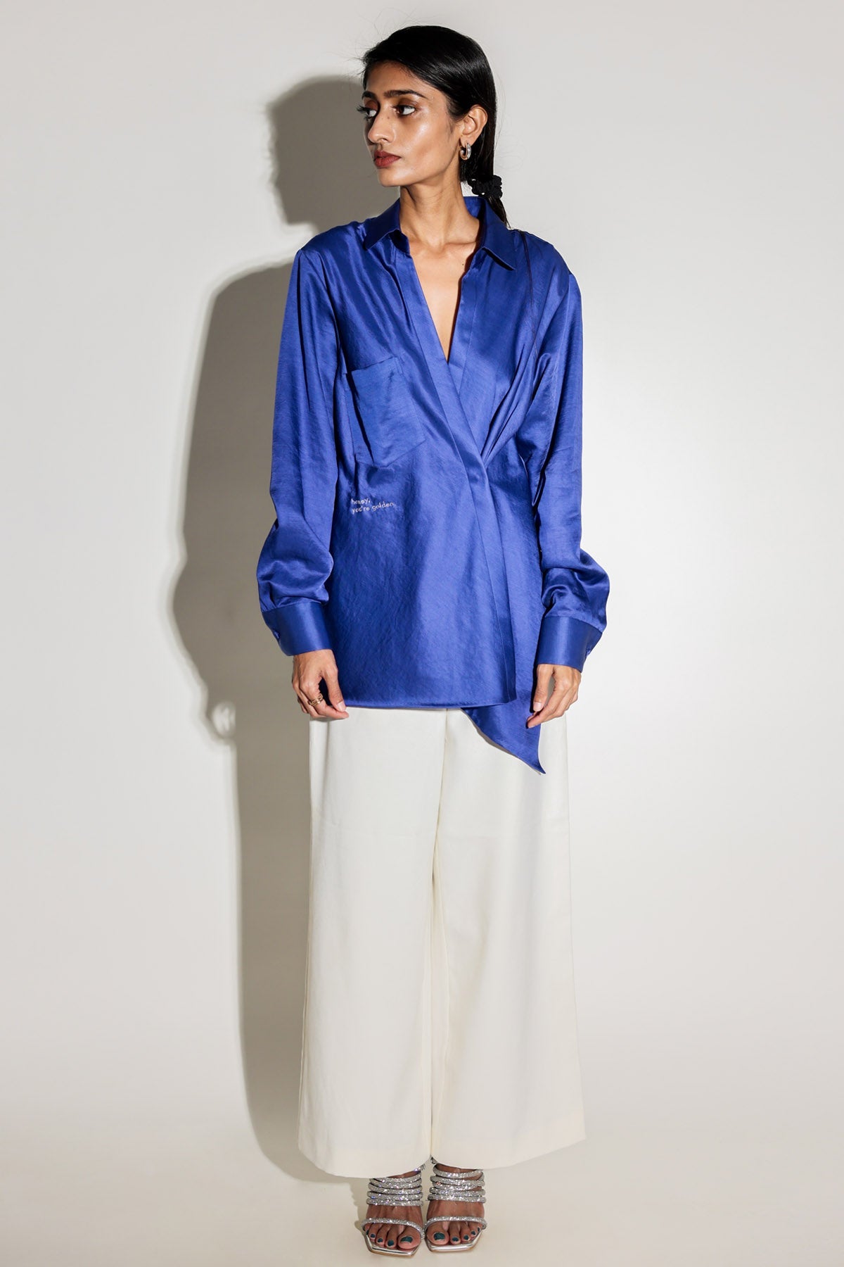 Arya Giri Blue Drape Asymmetrical Shirt for women online at ScrollnShops