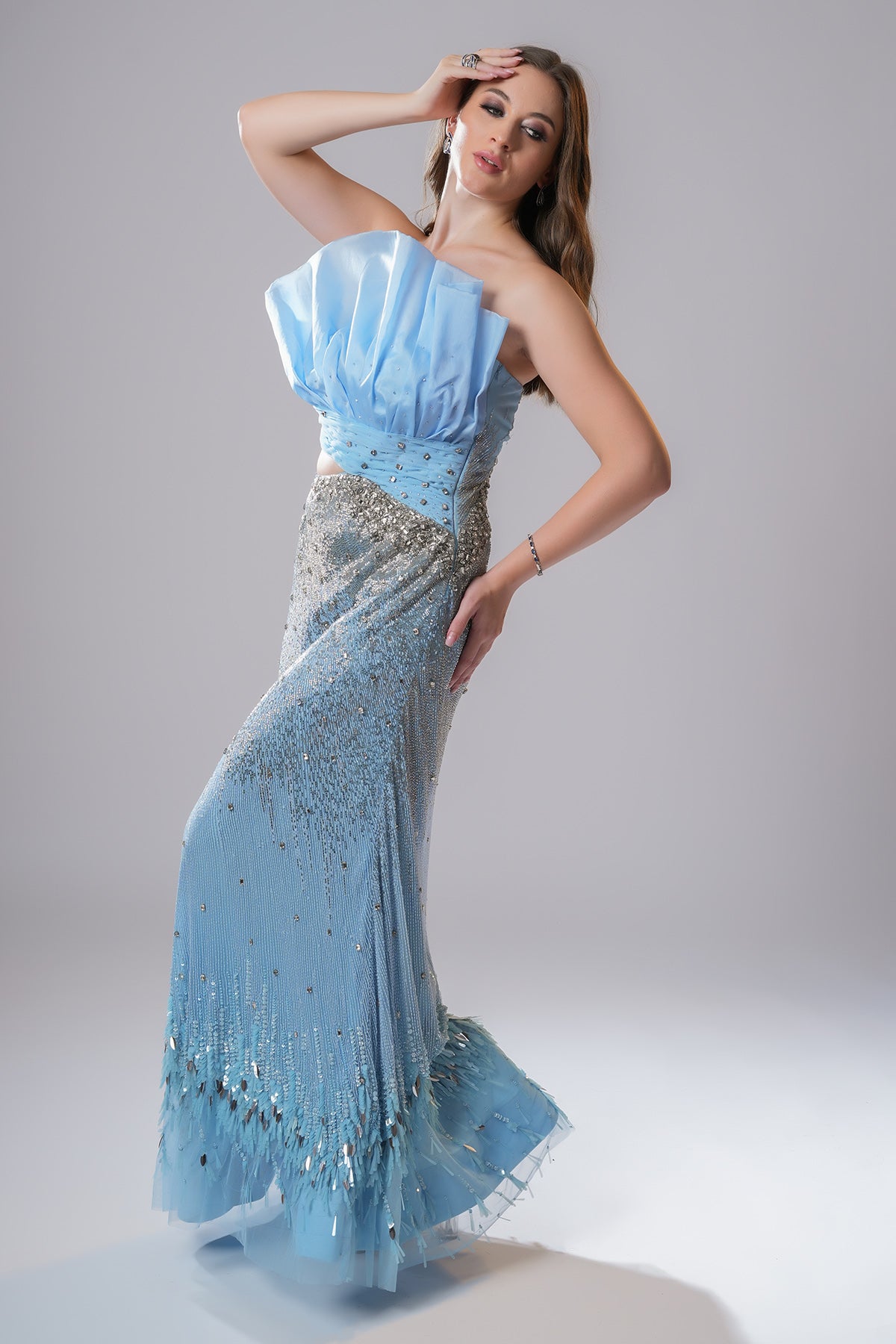 Blue Drape Embellished Gown