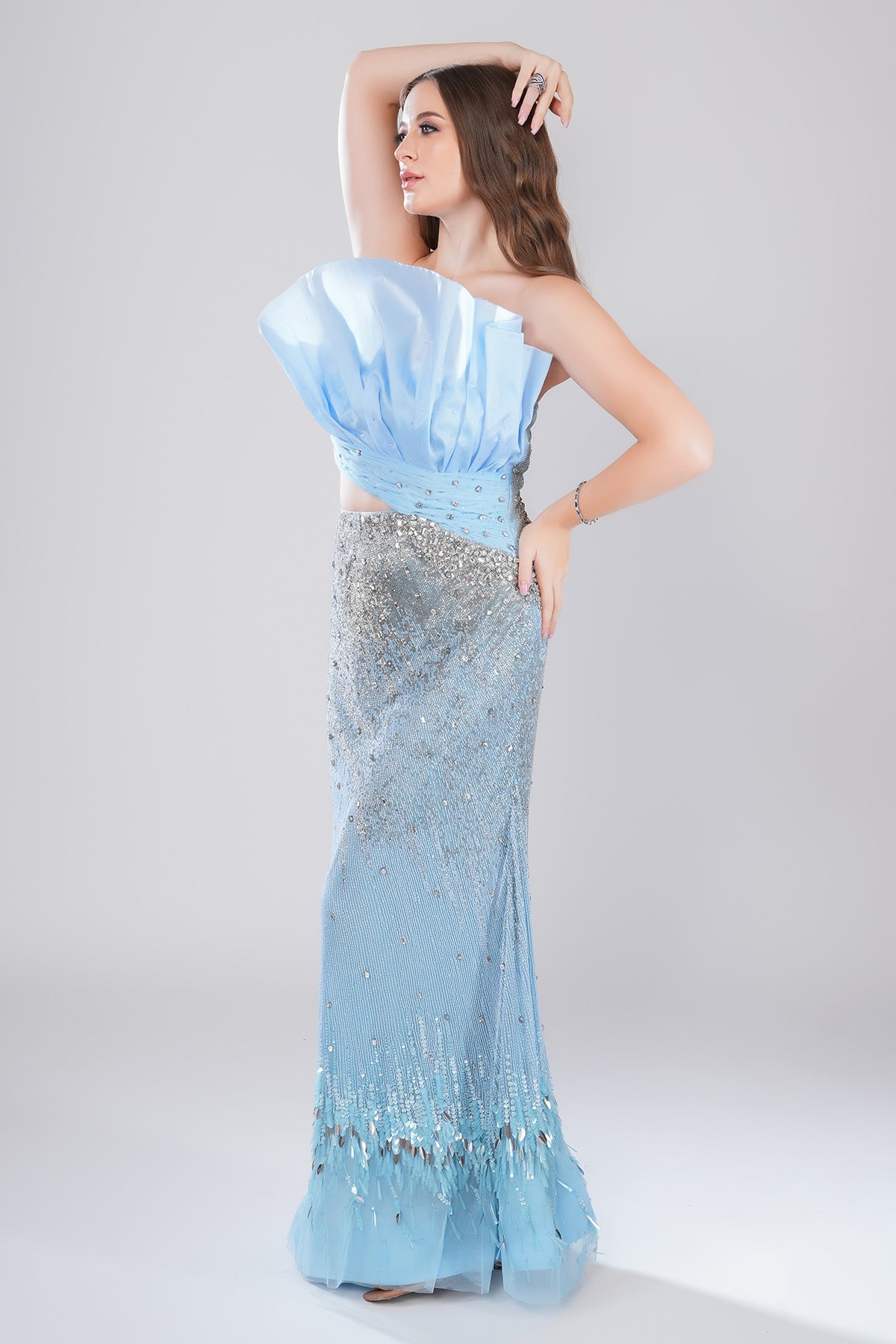 Blue Drape Embellished Gown