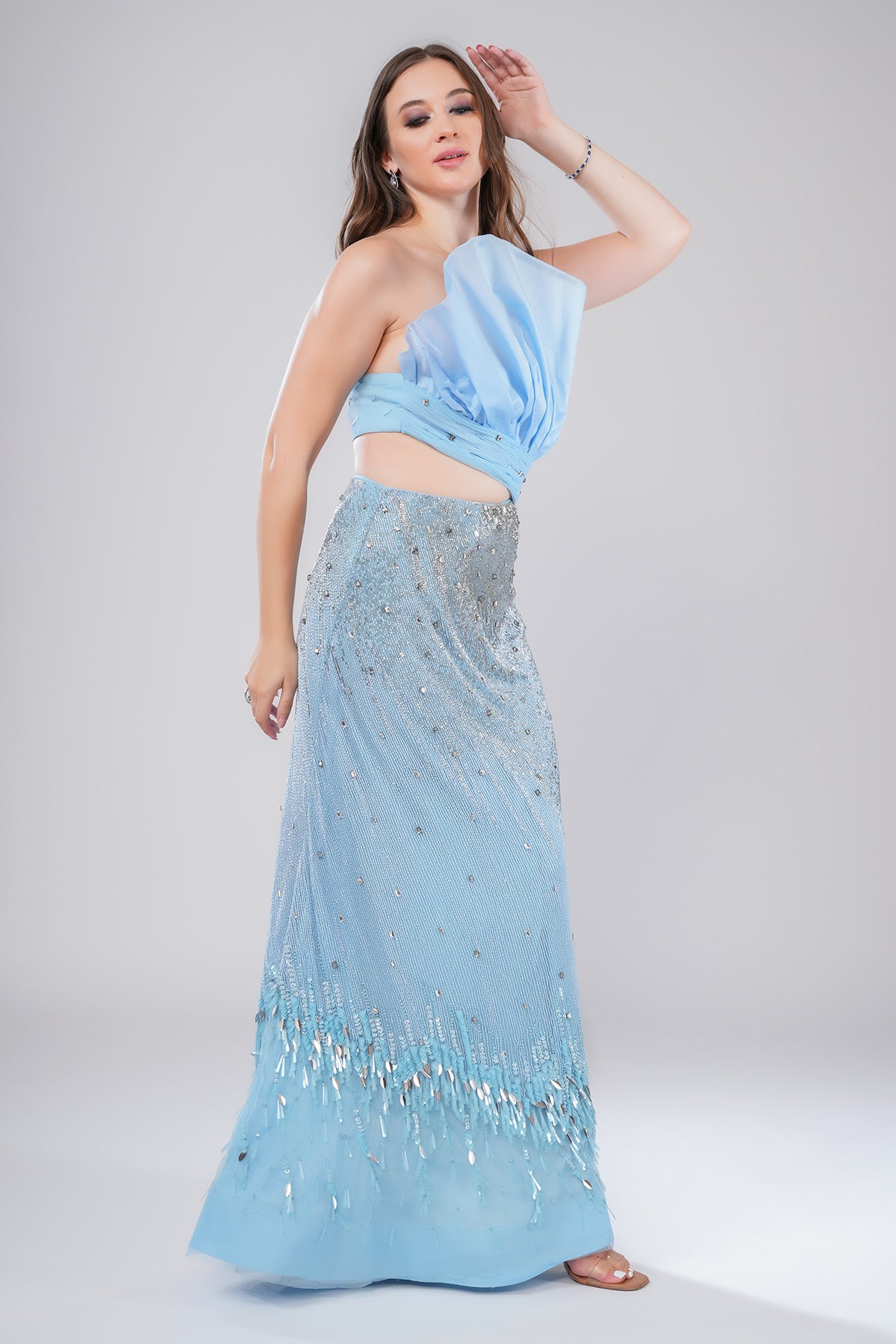 Blue Drape Embellished Gown