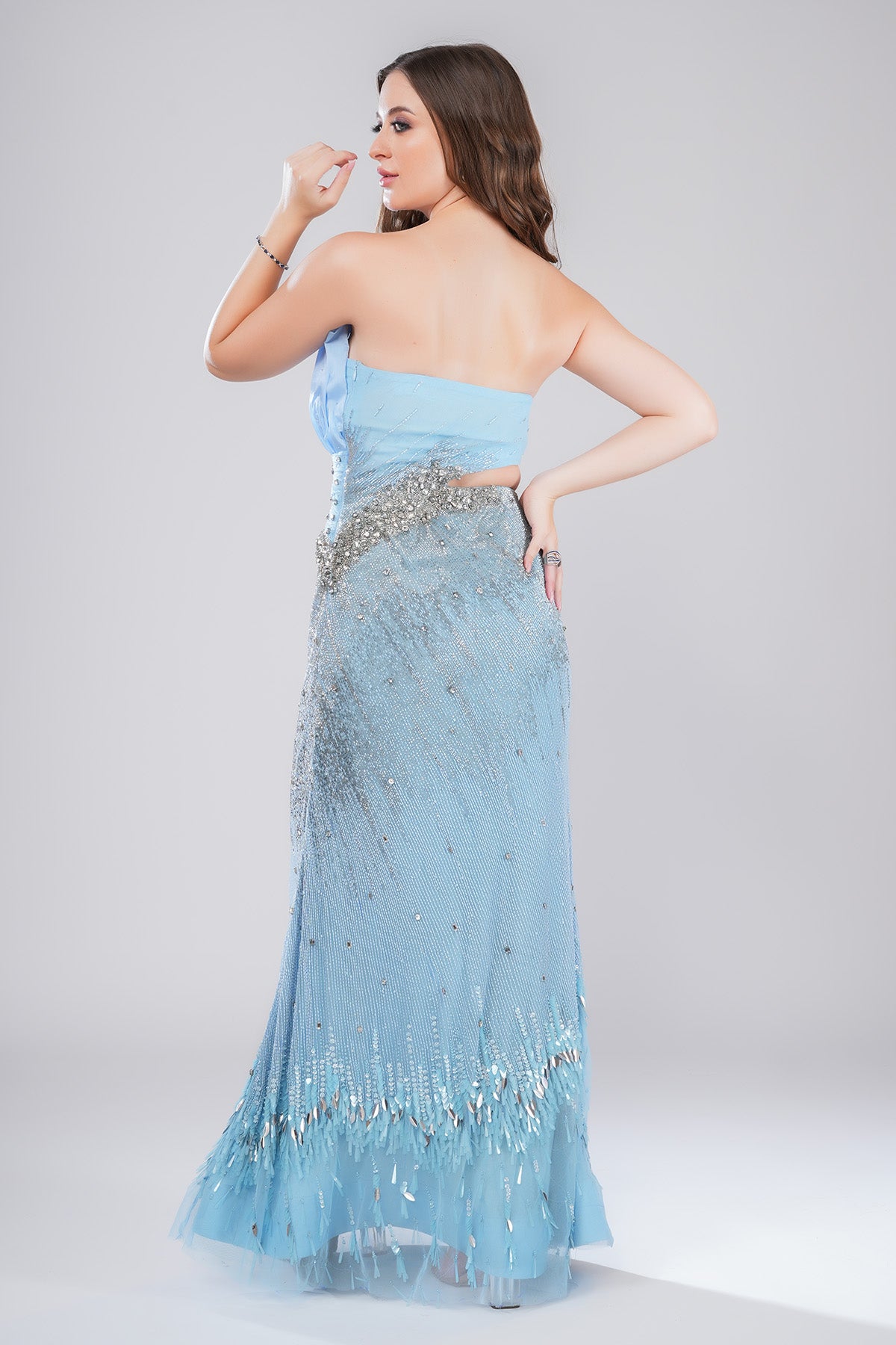 Blue Drape Embellished Gown