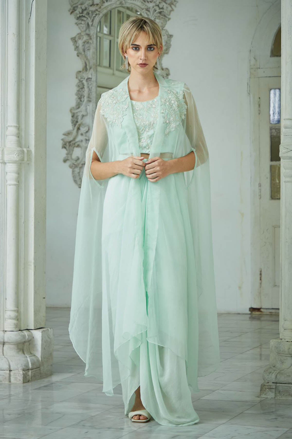 Blue Drape Skirt & Jacket Set