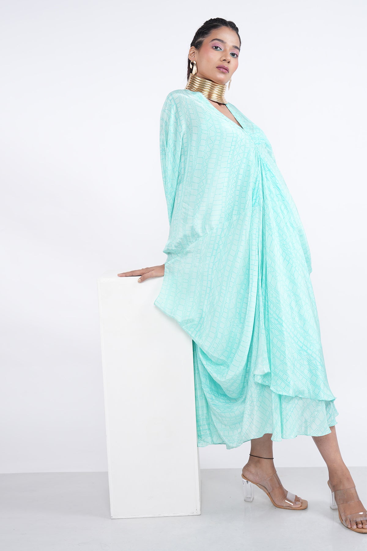 Blue Draped Cowl Midi Dress