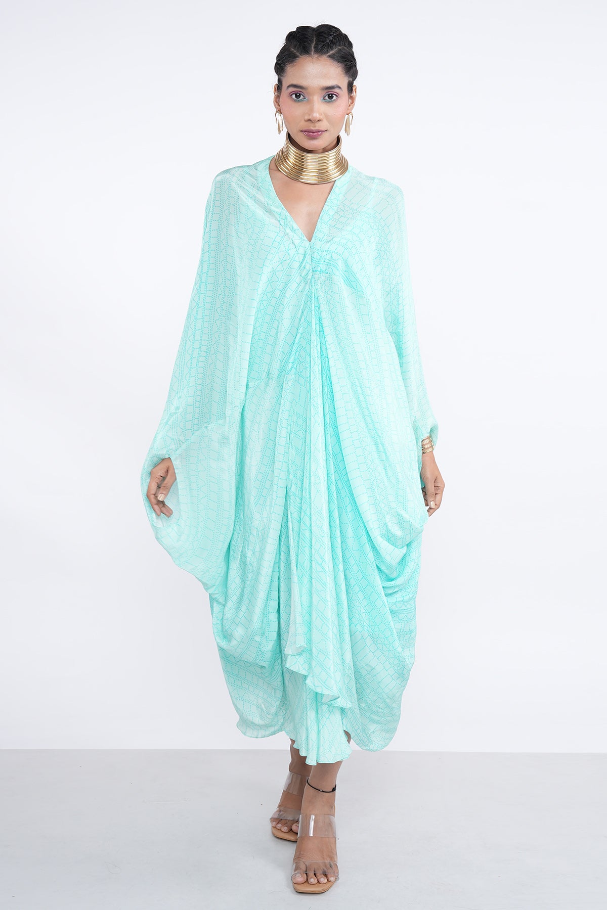 Blue Draped Cowl Midi Dress