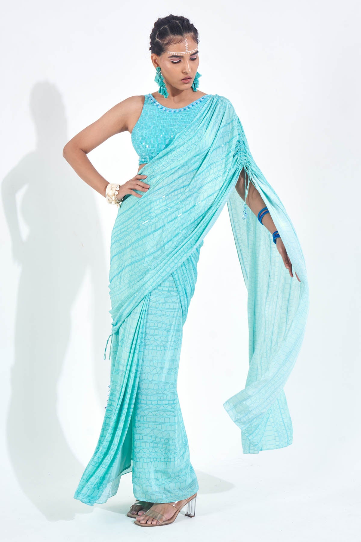 Buy Blue Draped Ready To Wear Saree Online