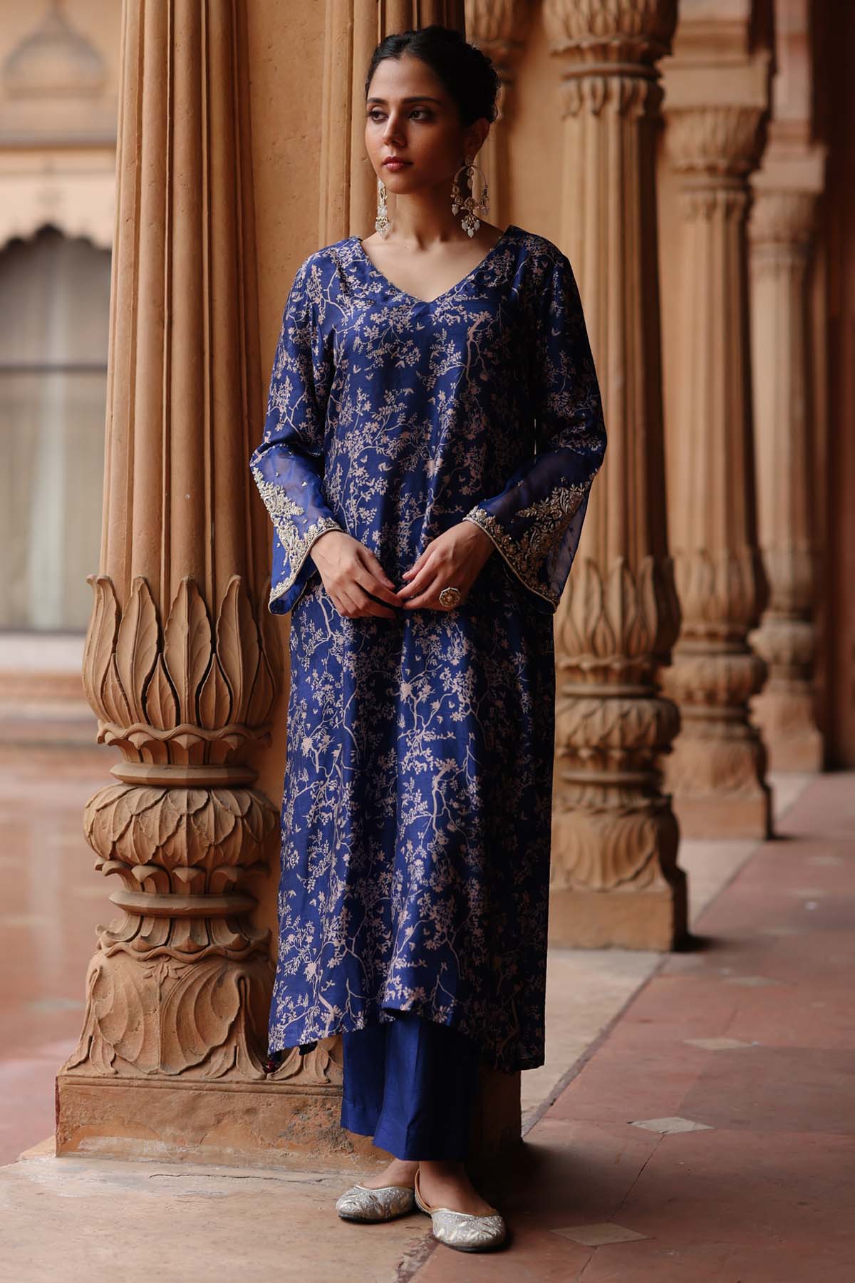 Megha Pitti Blue Dupion Silk Print Kurta Set for women online at ScrollnShops