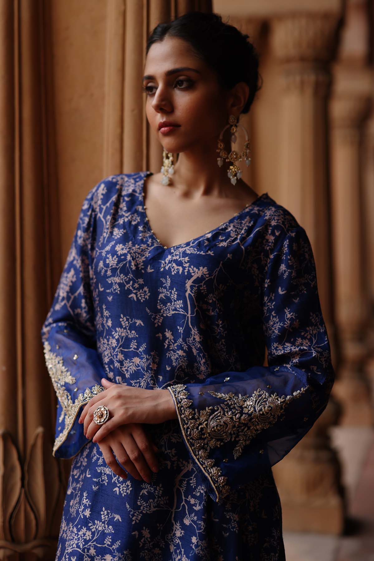 Blue Dupion Silk Print Kurta Set