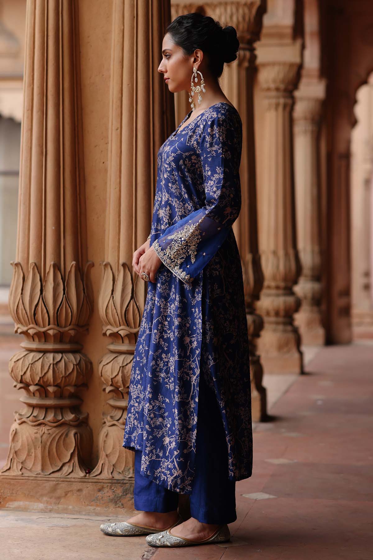 Blue Dupion Silk Print Kurta Set