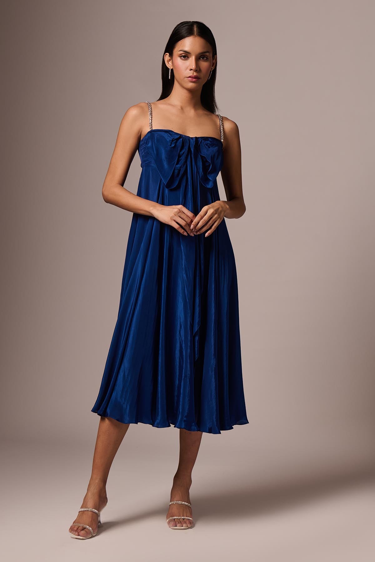 Blue Embellished Bow Midi Dress