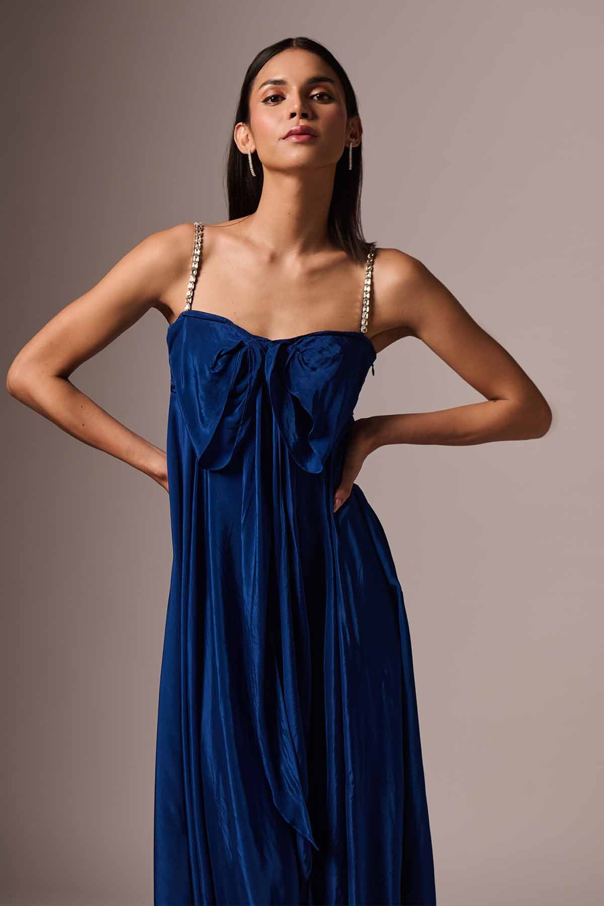 Blue Embellished Bow Midi Dress