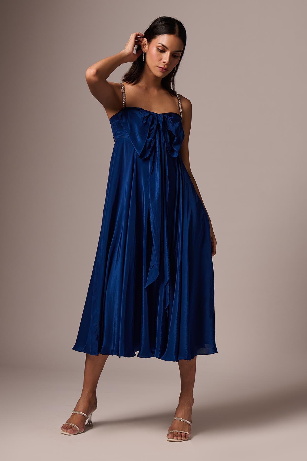 Blue Embellished Bow Midi Dress