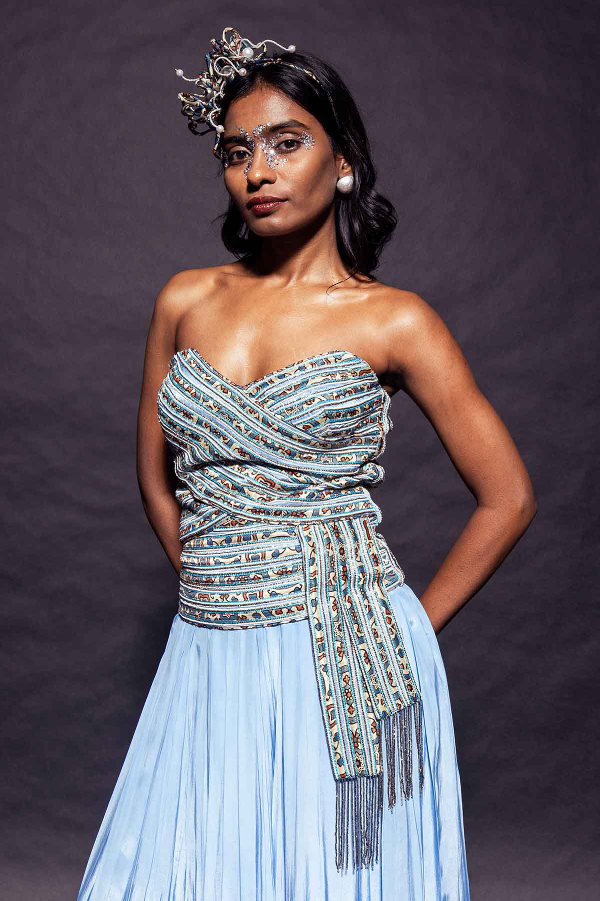 Blue Embellished Corset & Pants