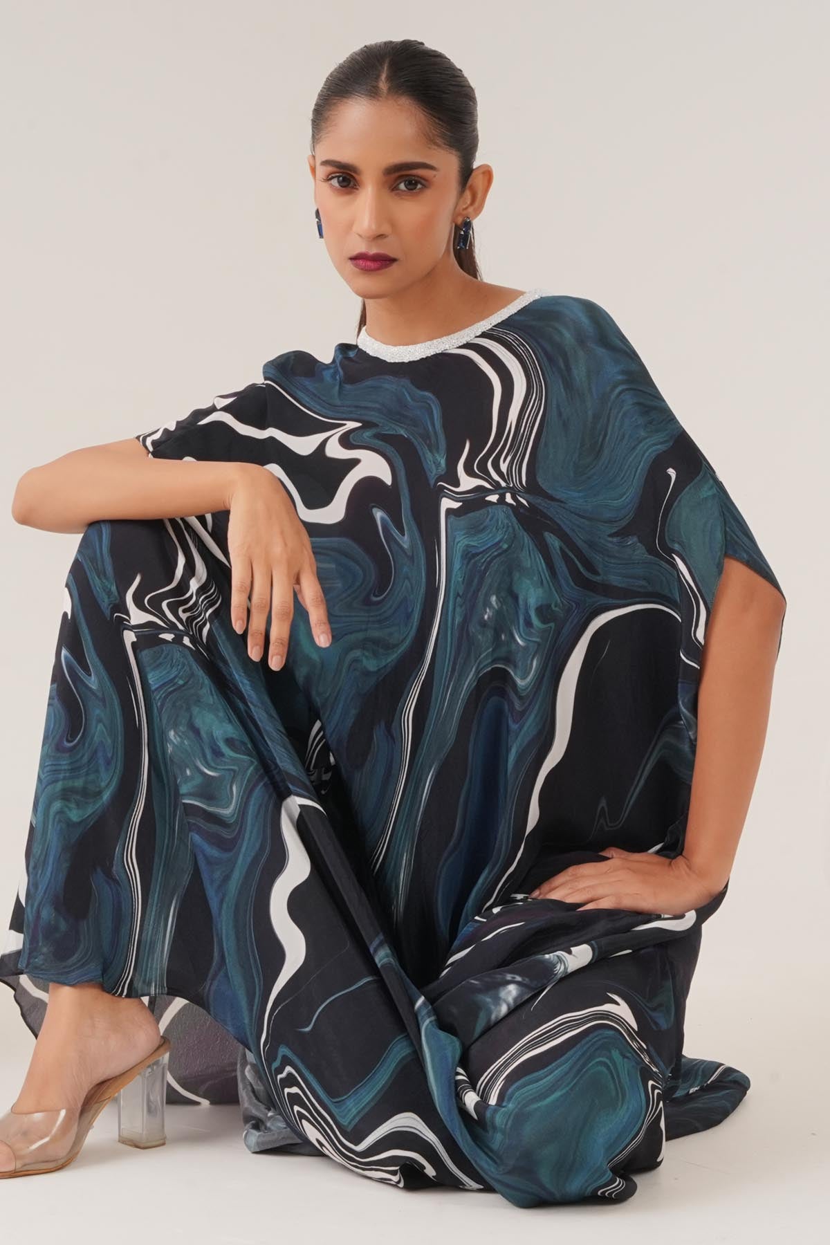 Blue Embellished Drape Dress