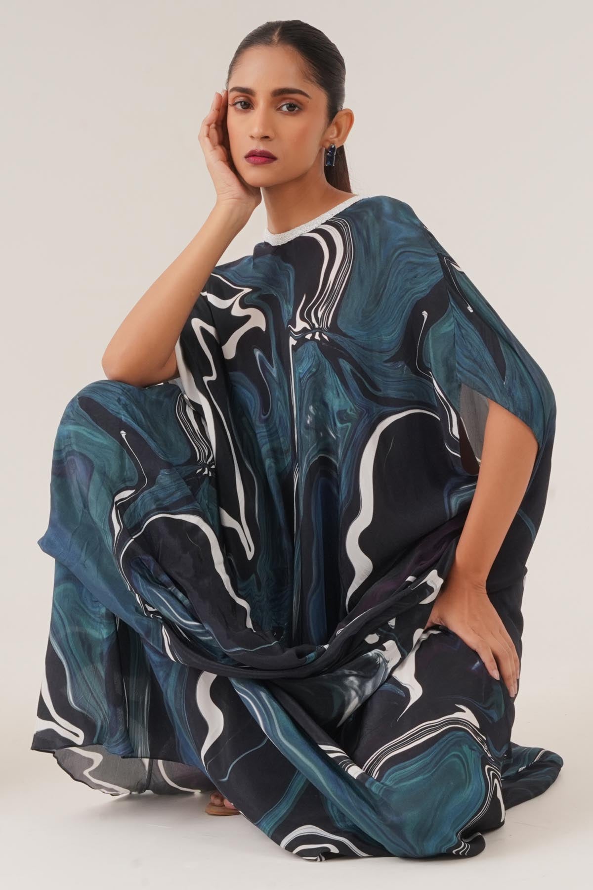 Blue Embellished Drape Dress