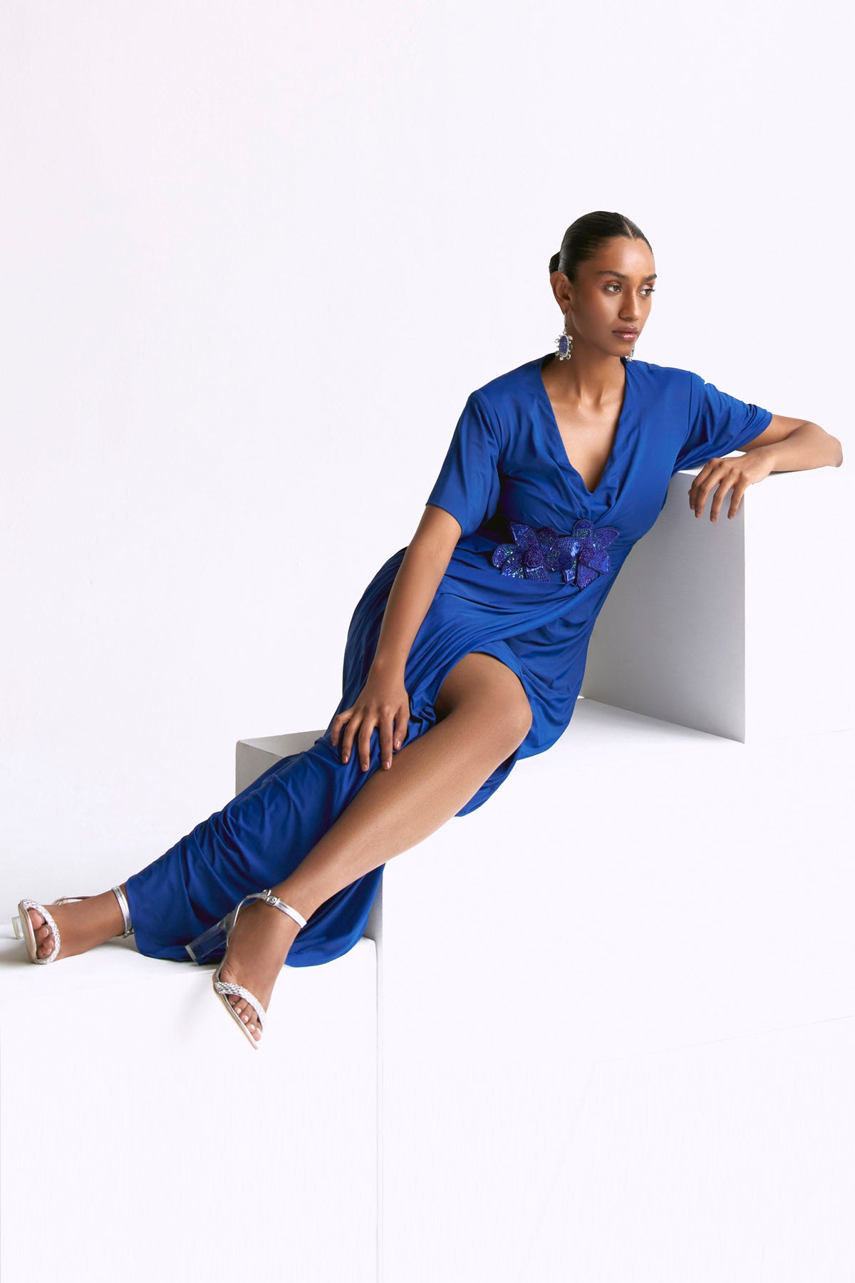 Blue Embellished Drape Gown