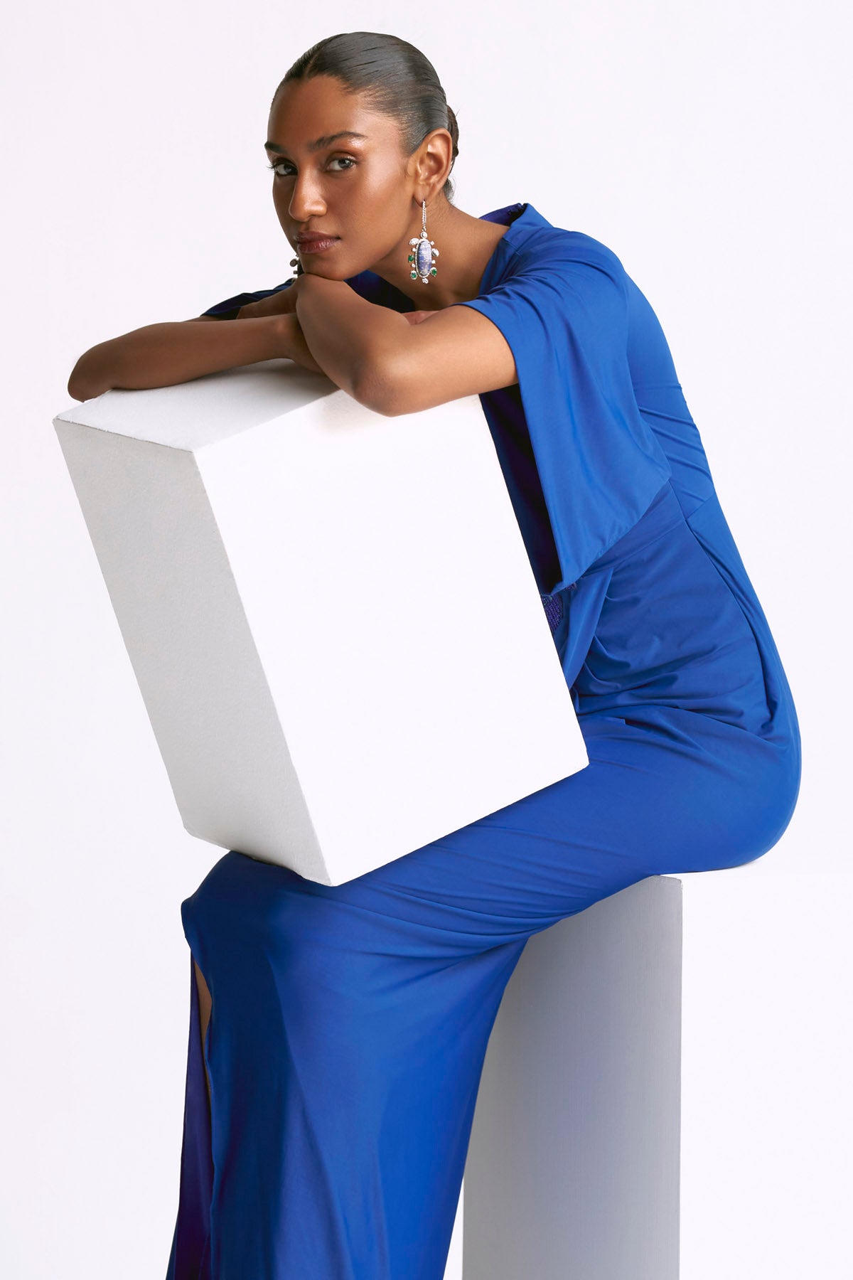 Blue Embellished Drape Gown