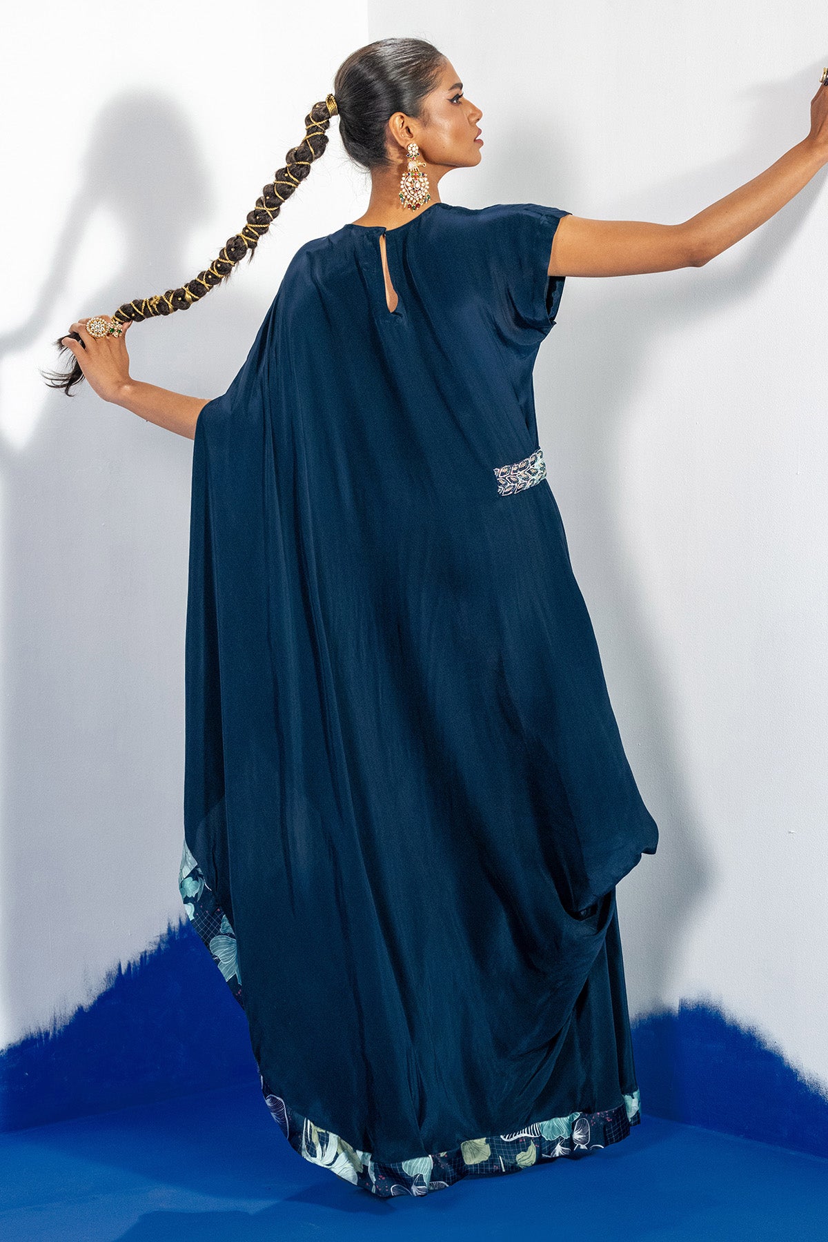 Blue Embellished Draped Dress