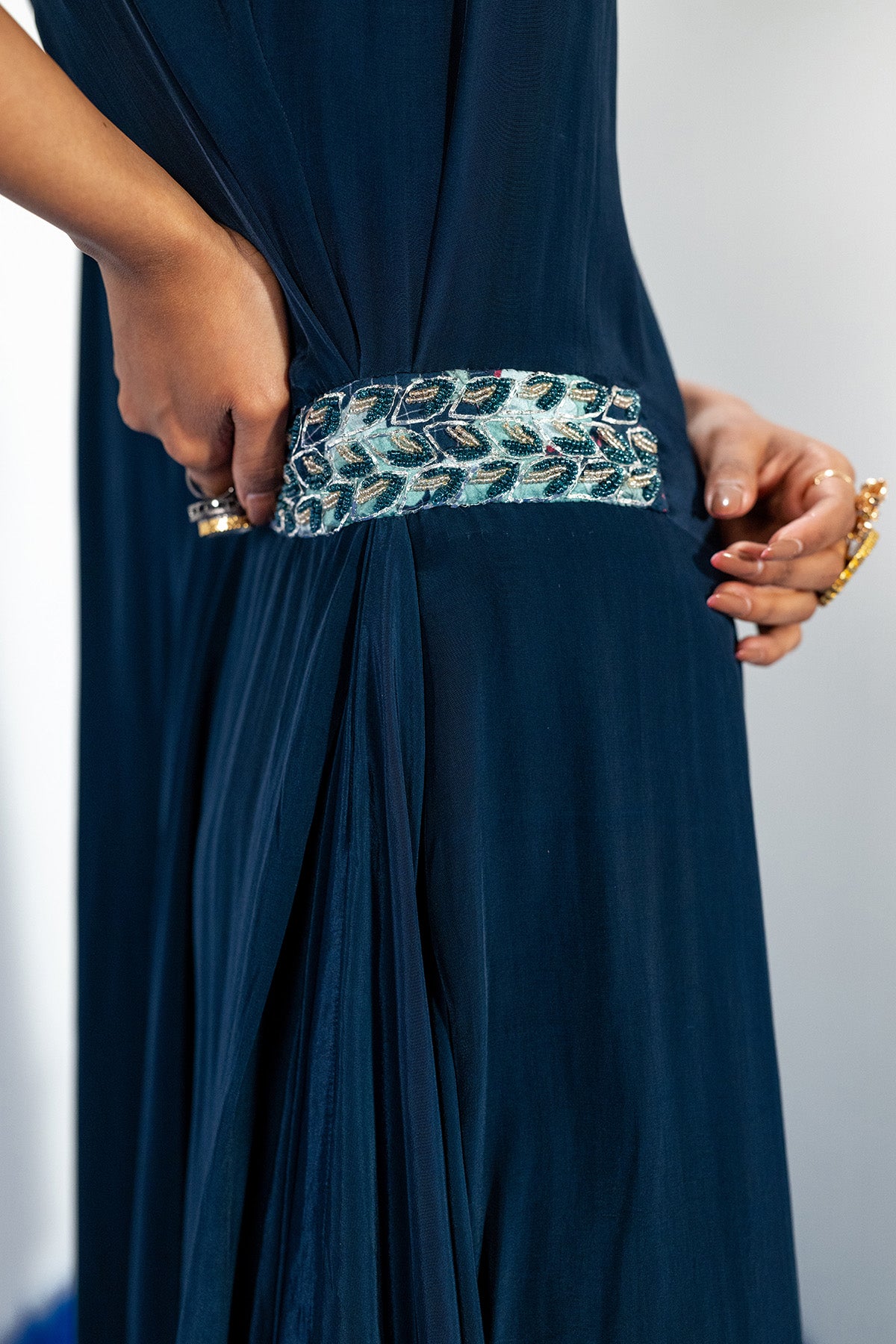Blue Embellished Draped Dress
