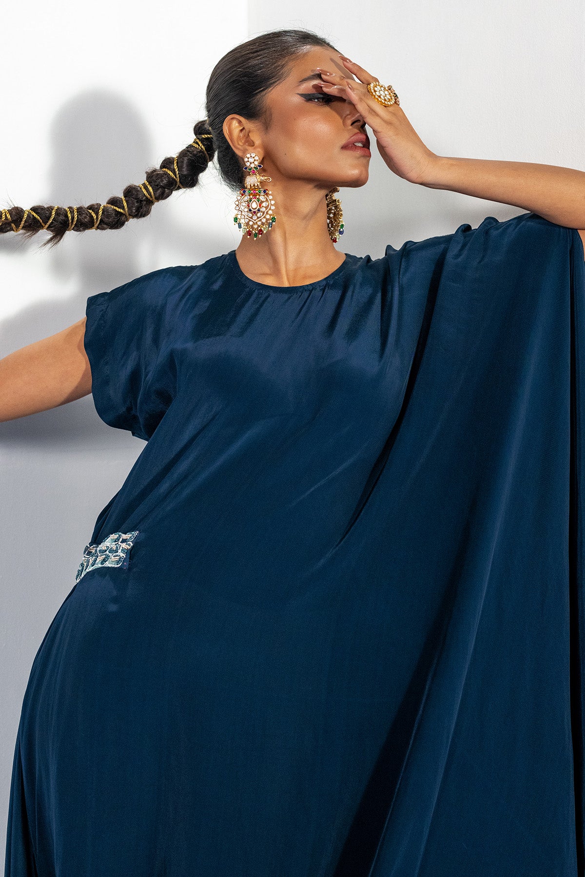 Blue Embellished Draped Dress