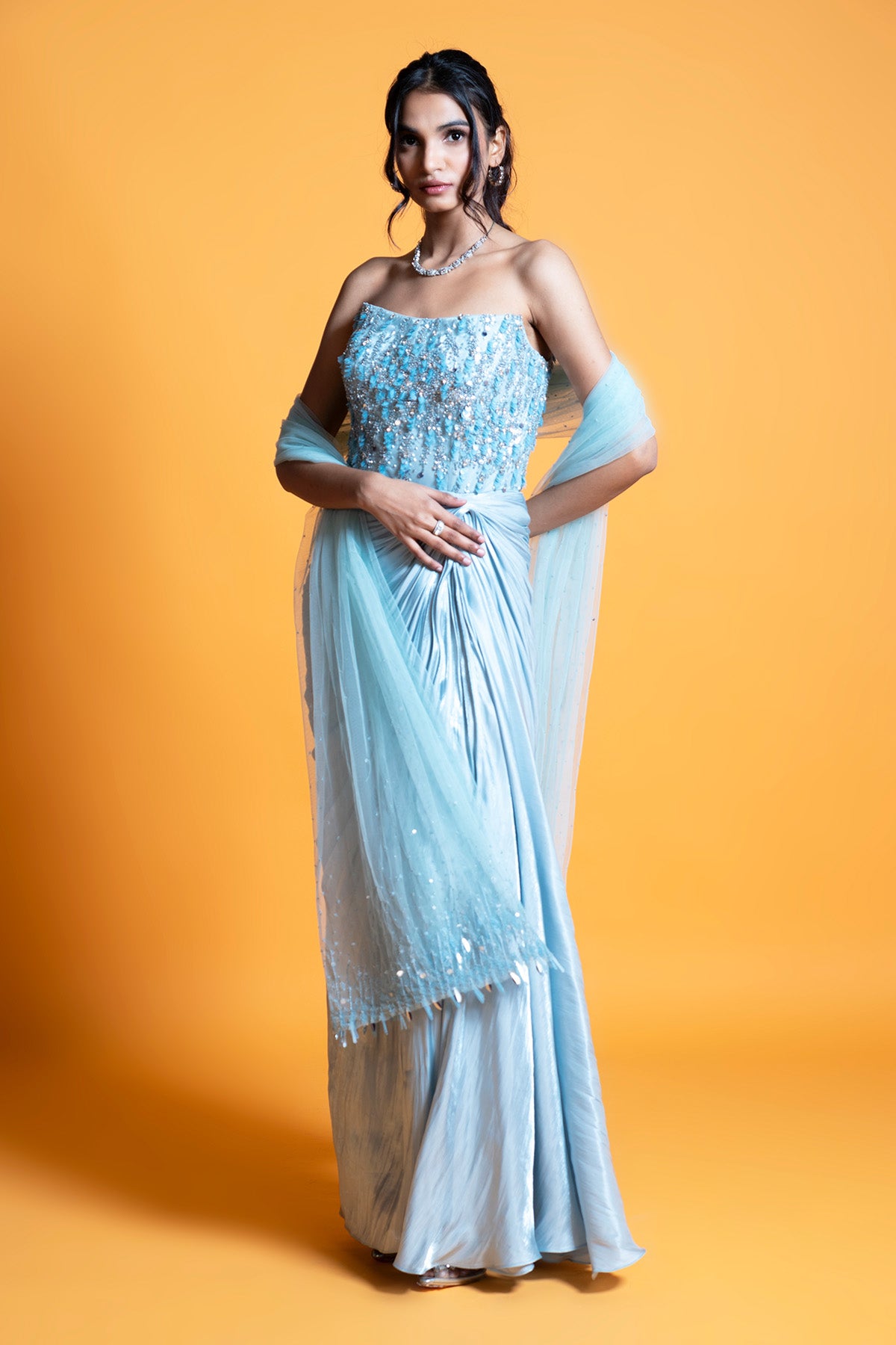 Blue Embellished Gown & Dupatta