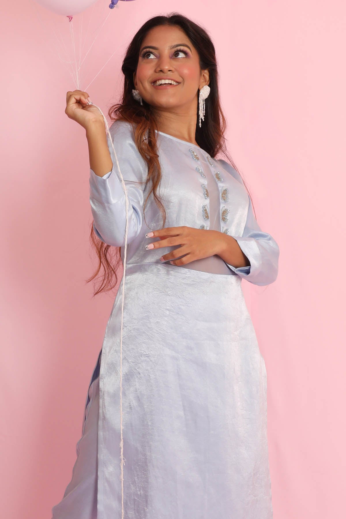 Blue Embellished Neck Kurta Set