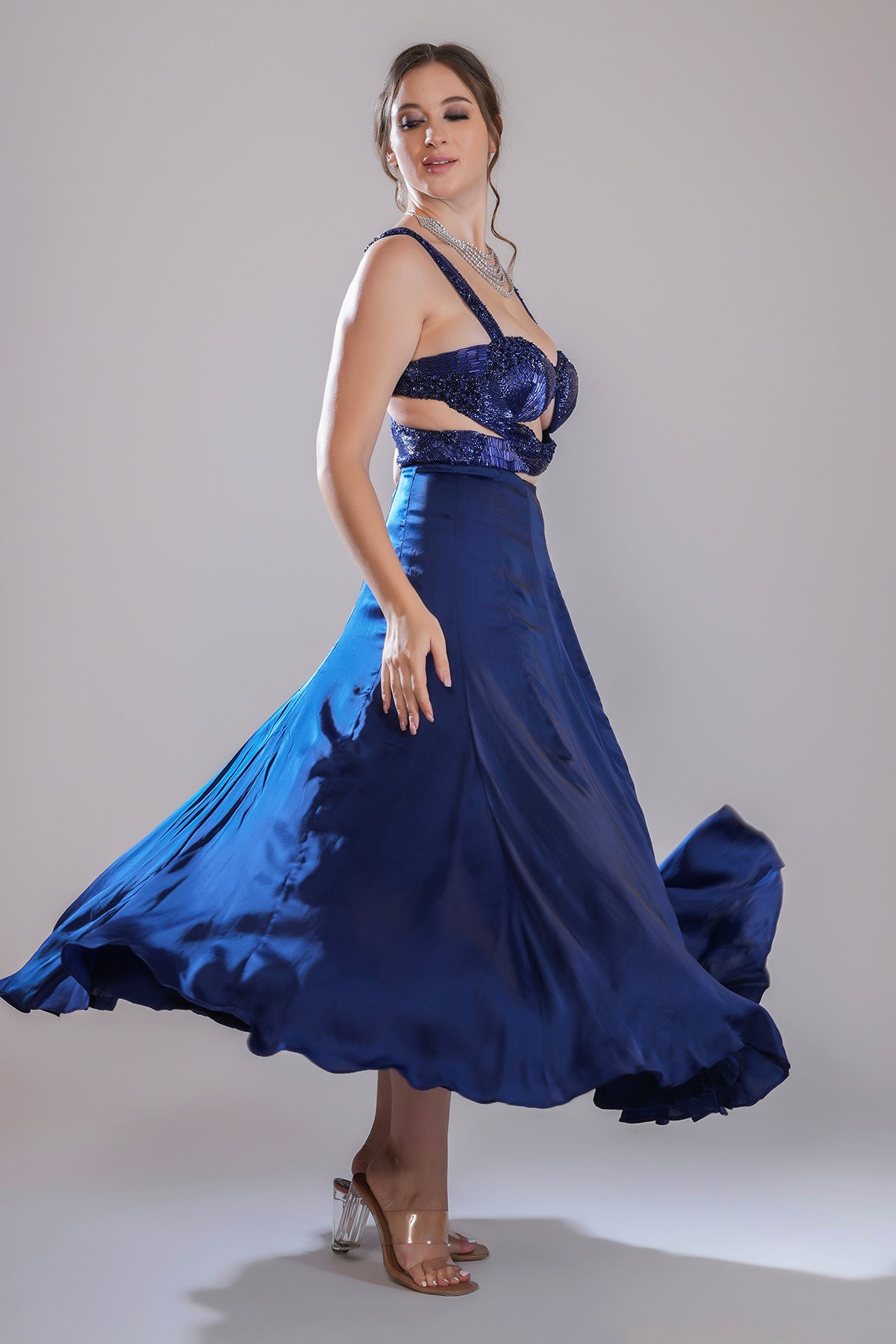 Blue Embellished Pleated Dress