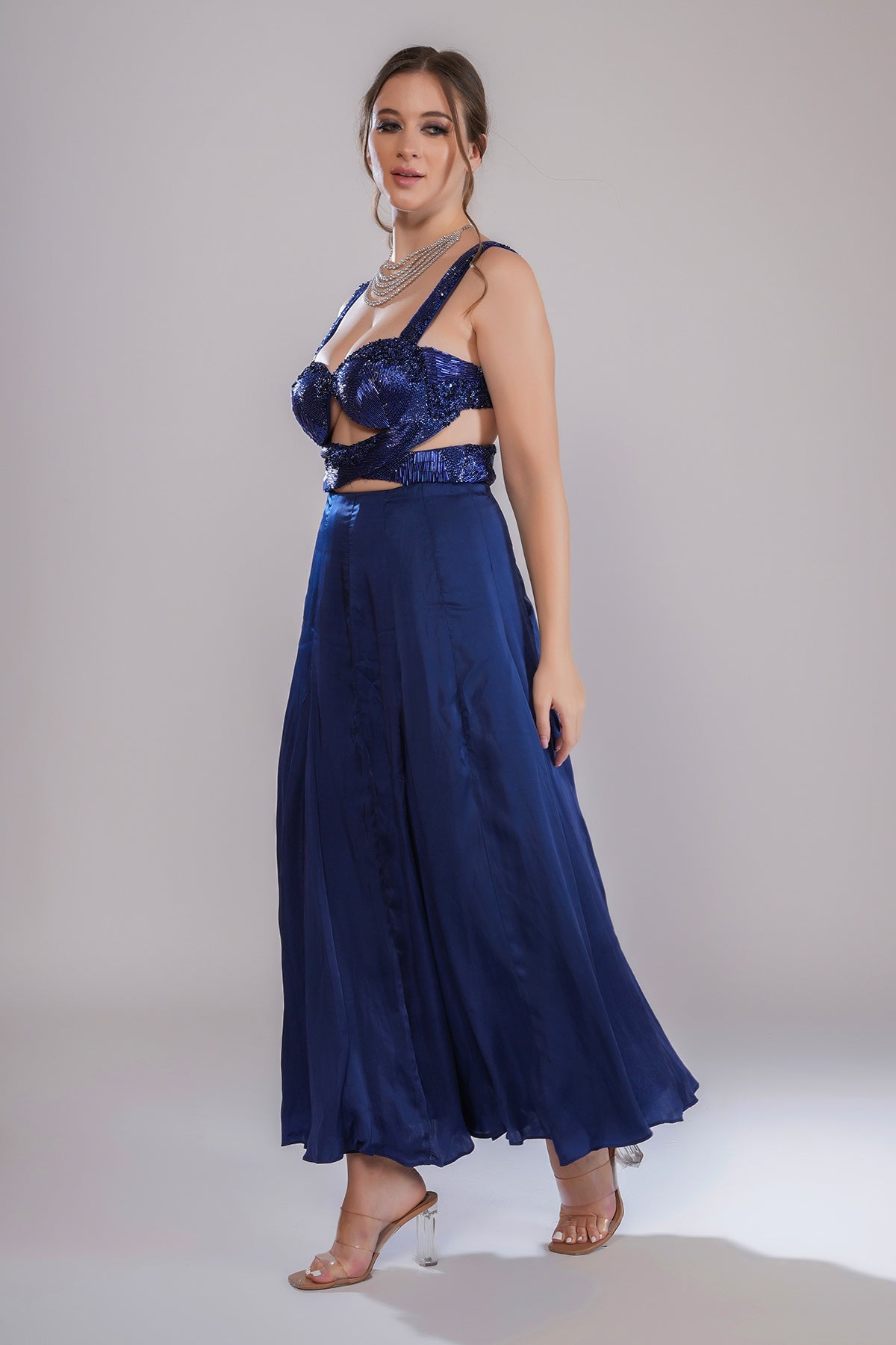 Blue Embellished Pleated Dress