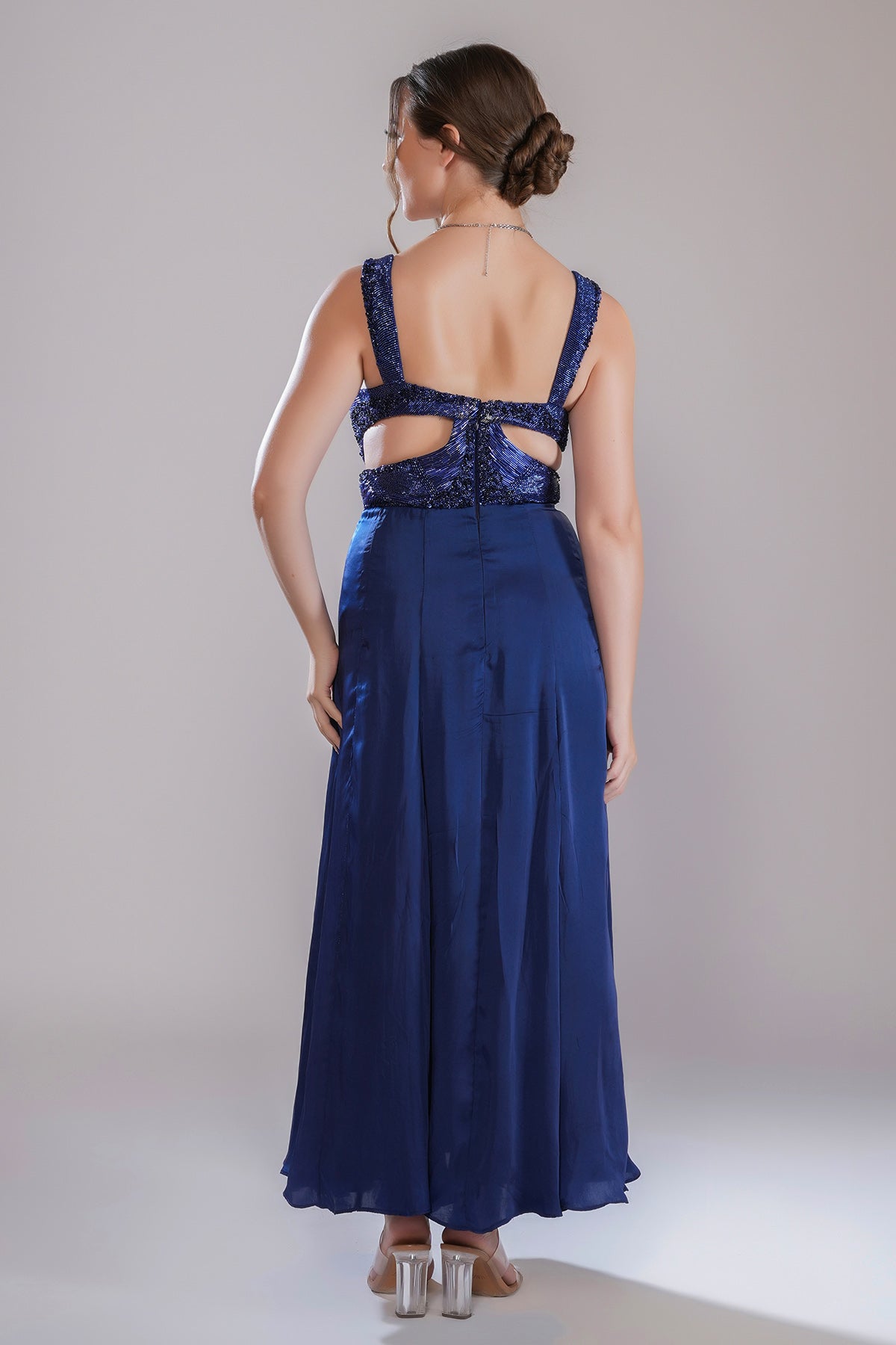 Blue Embellished Pleated Dress