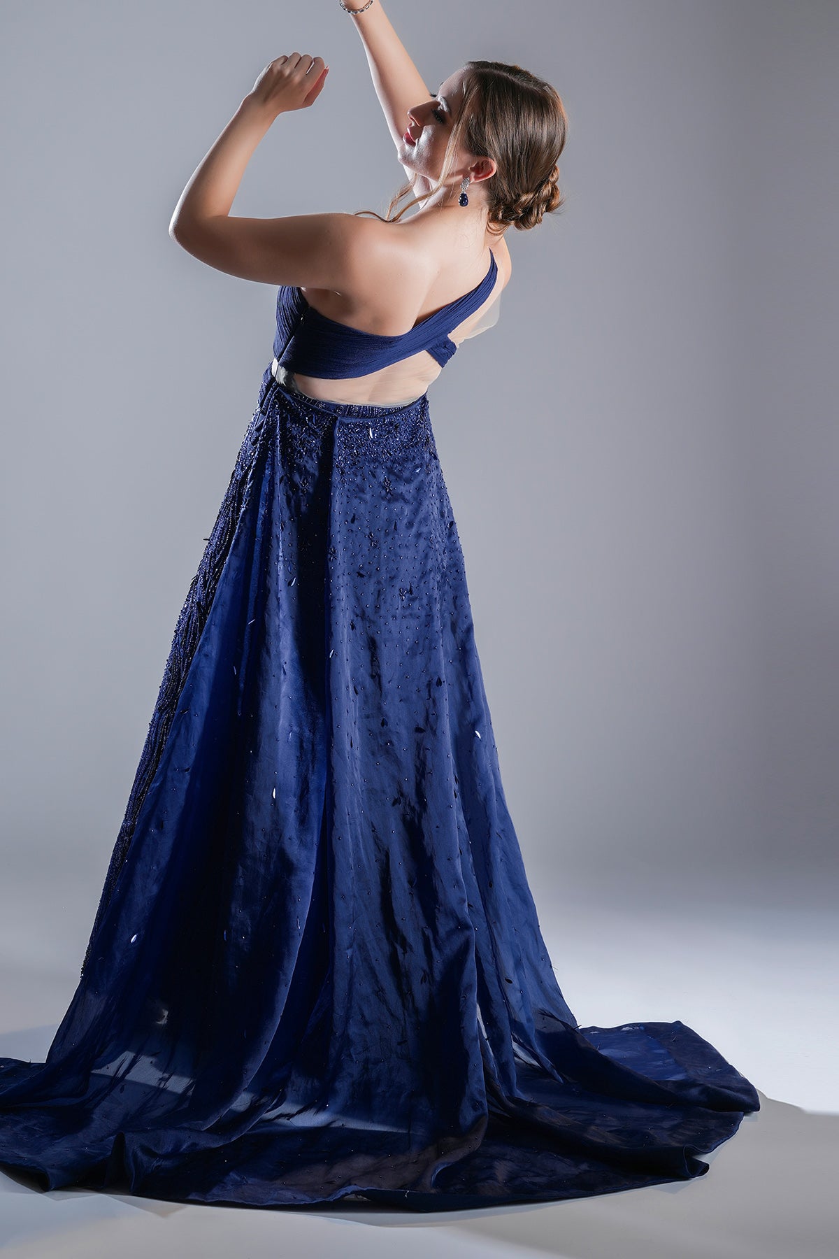 Blue Embellished Pleated Gown