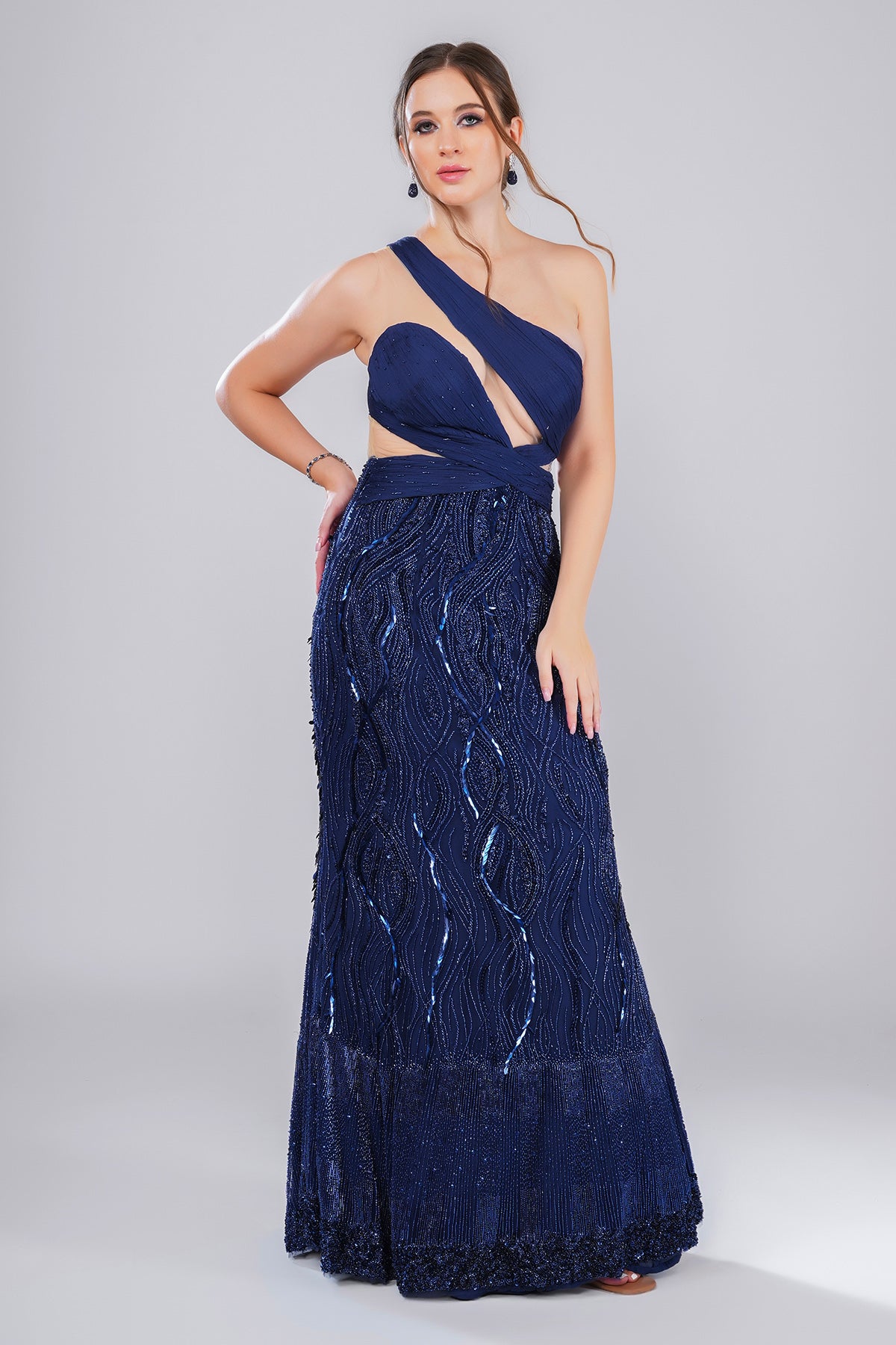 Blue Embellished Pleated Gown