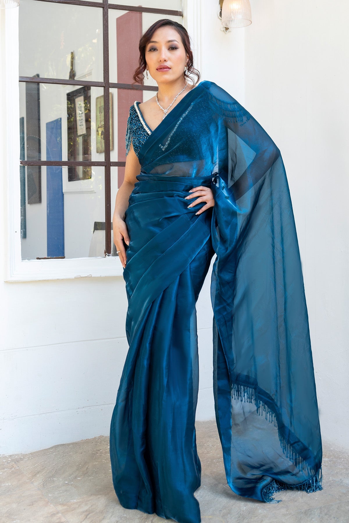 Buy Blue Embellished Saree & Blouse by Smita Shrinivas for women online at ScrollnShops