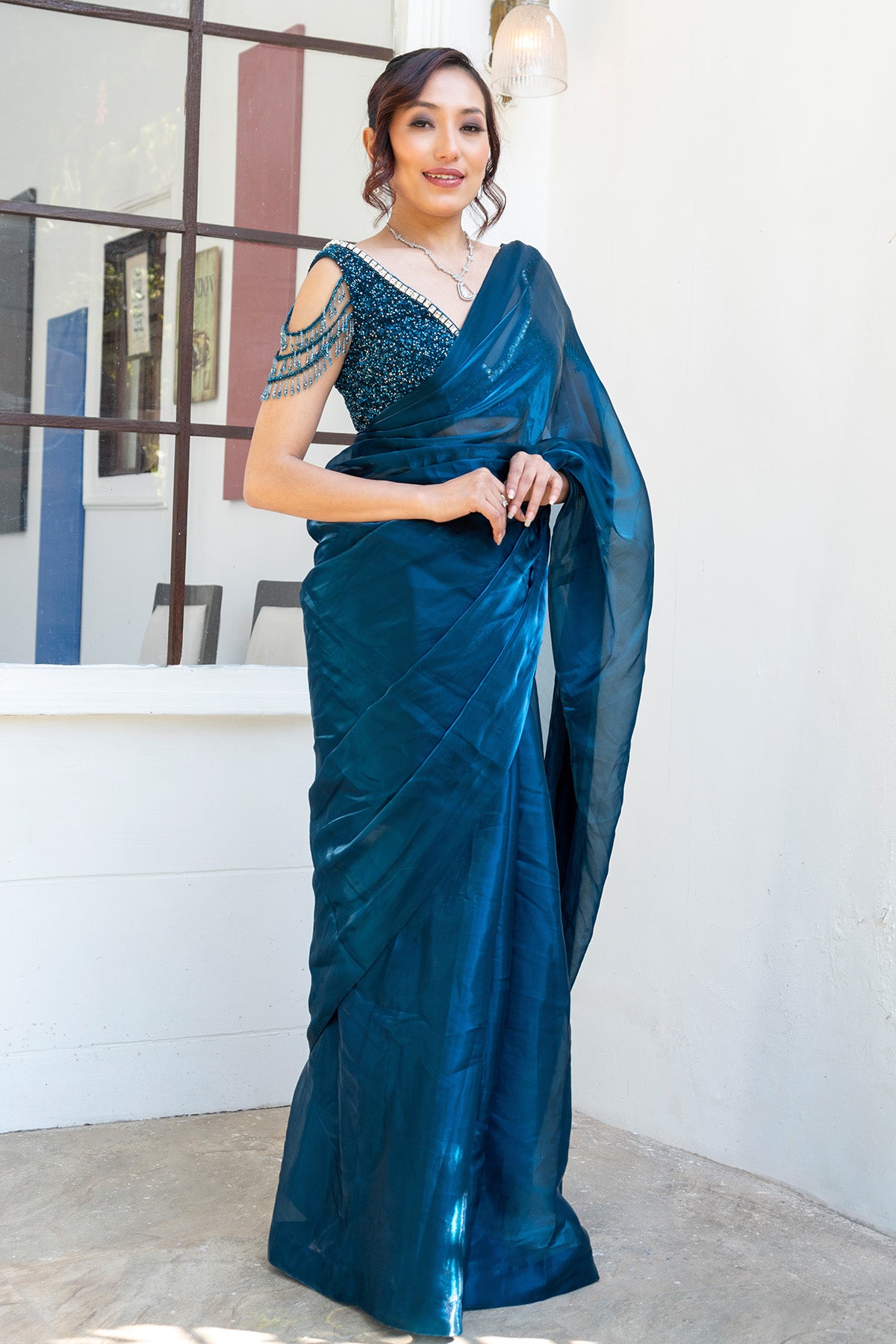 Blue Embellished Saree & Blouse
