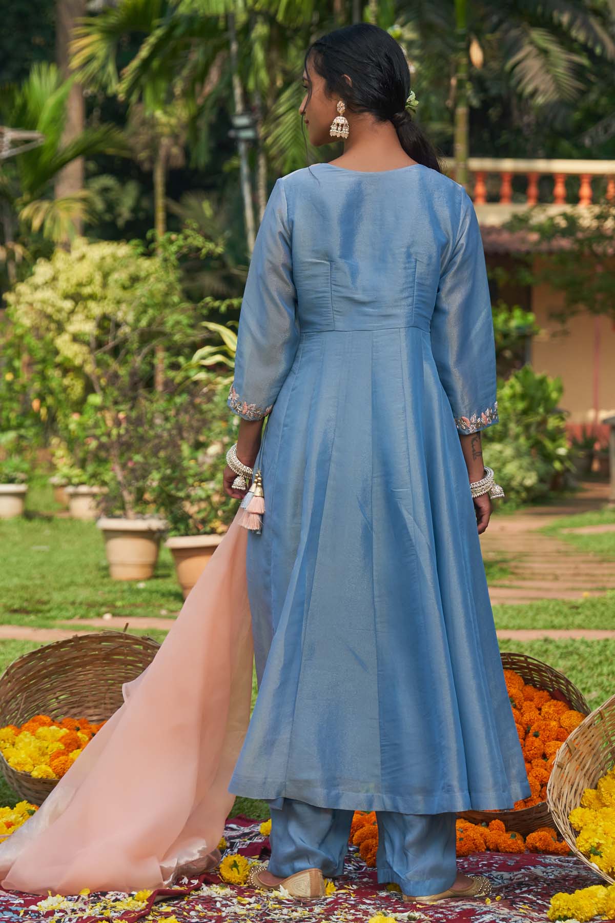 Blue Tissue Organza Anarkali Set