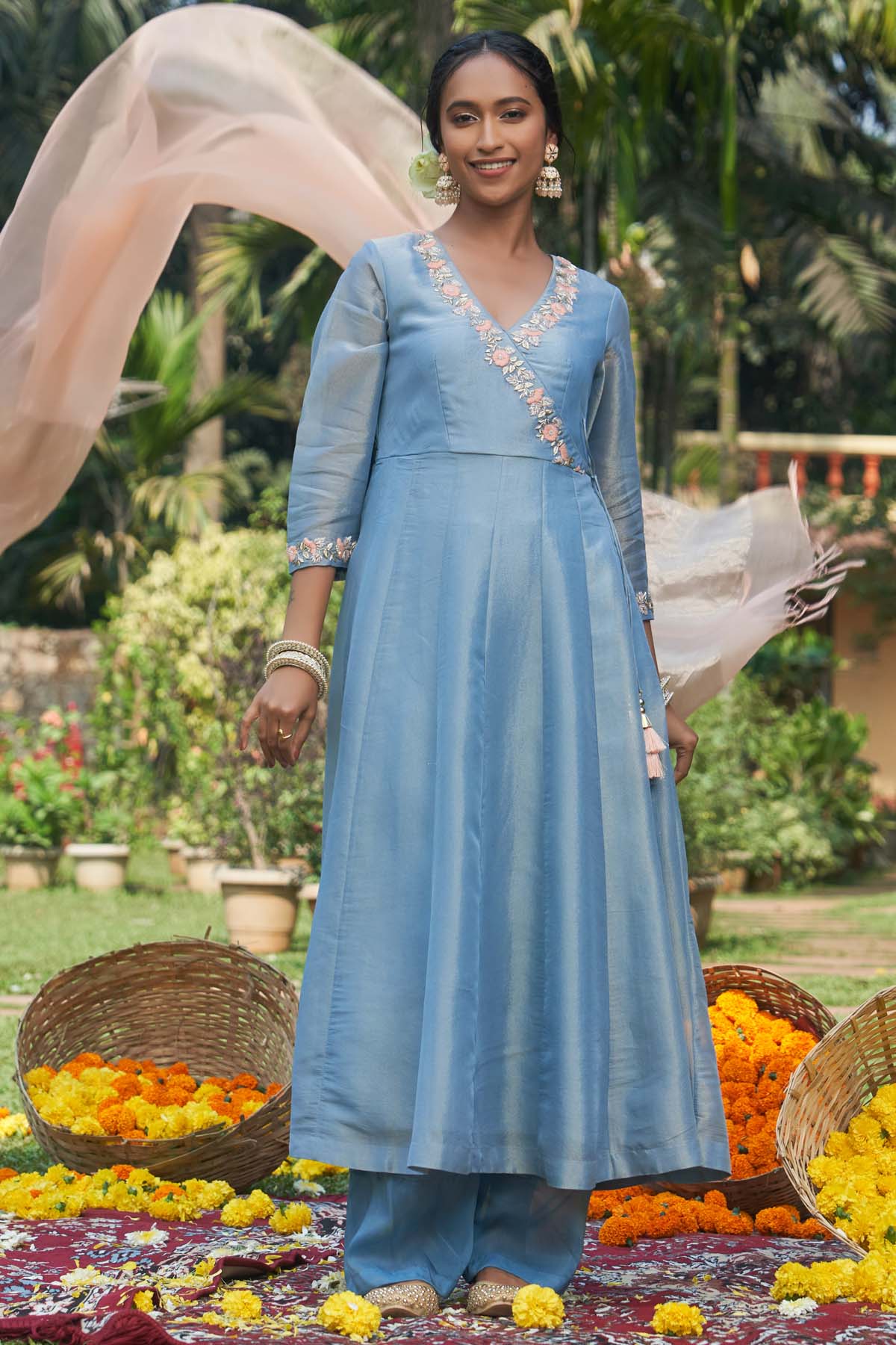 Blue Tissue Organza Anarkali Set