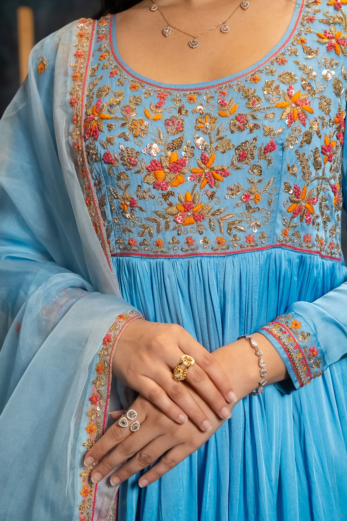Bright Blue Gather Anarkali Set