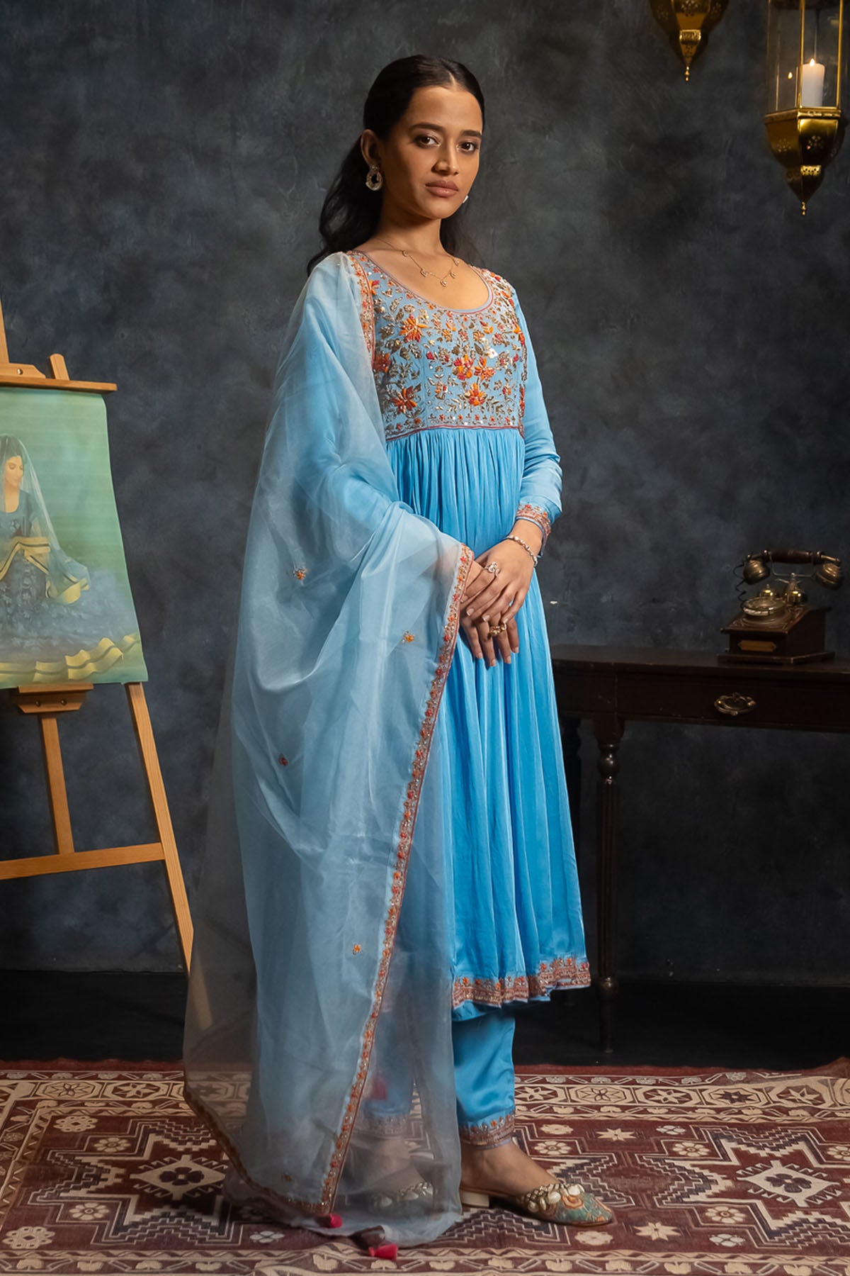 Bright Blue Gather Anarkali Set