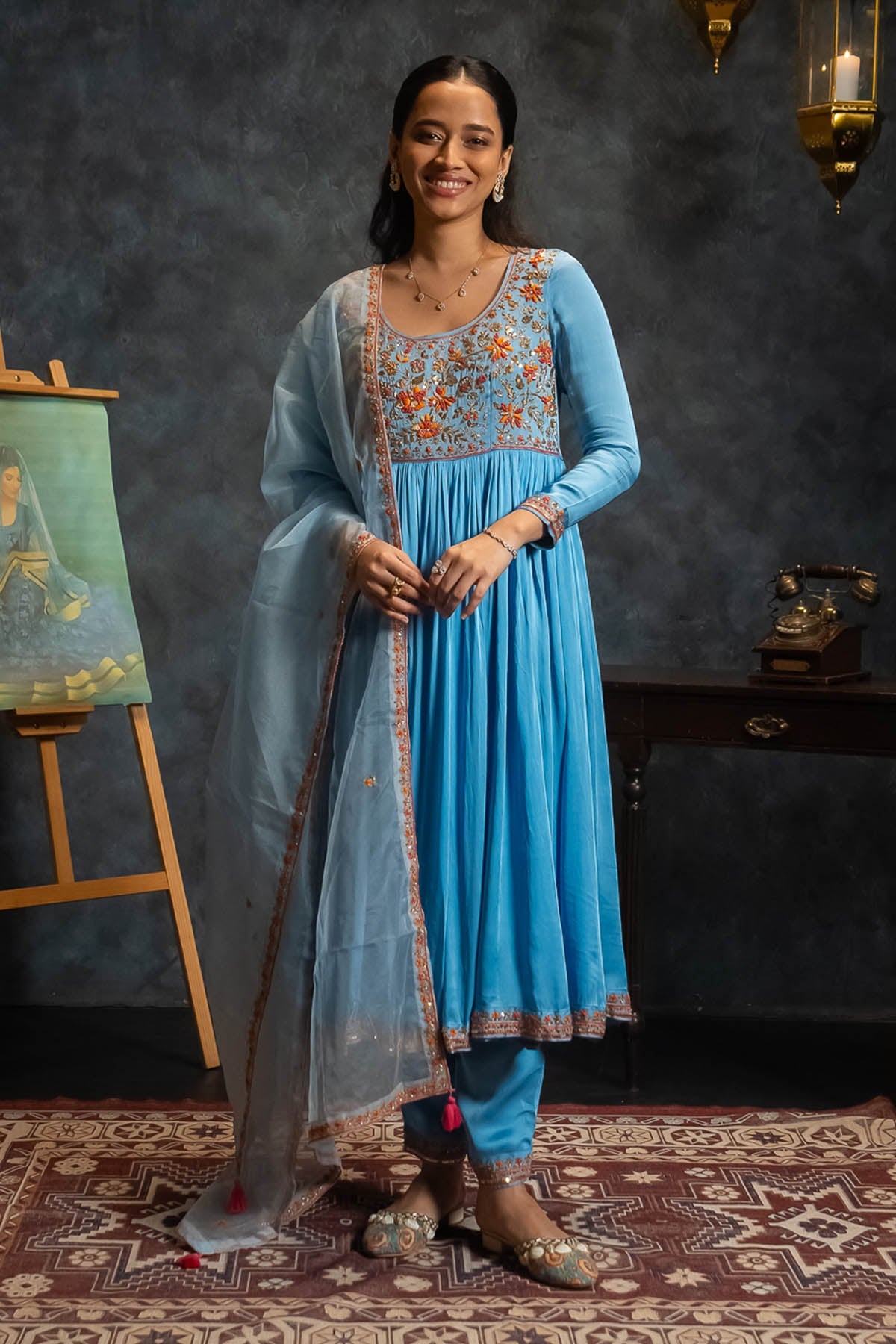 Buy Bright Blue Gather Anarkali Set by Aavya for women online at ScrollnShops