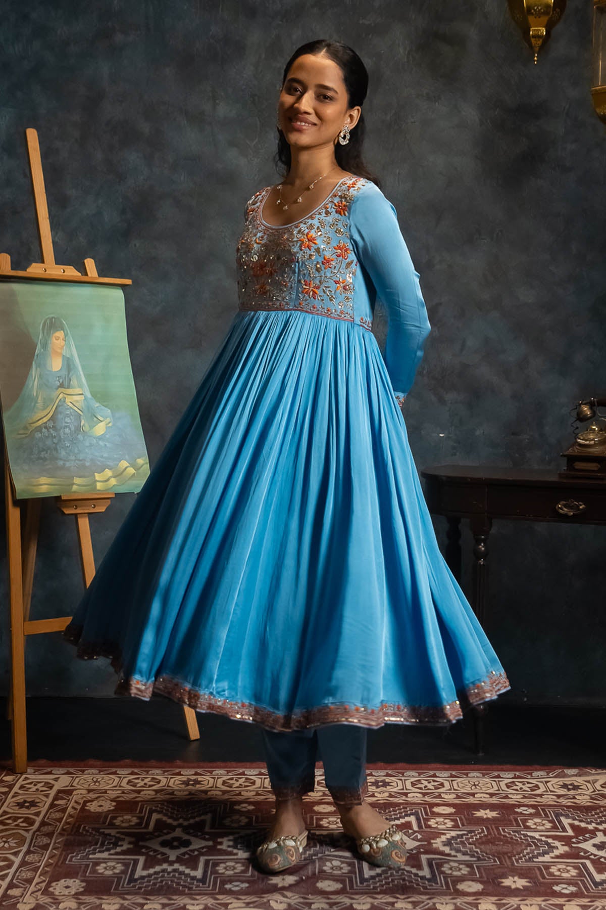 Bright Blue Gather Anarkali Set