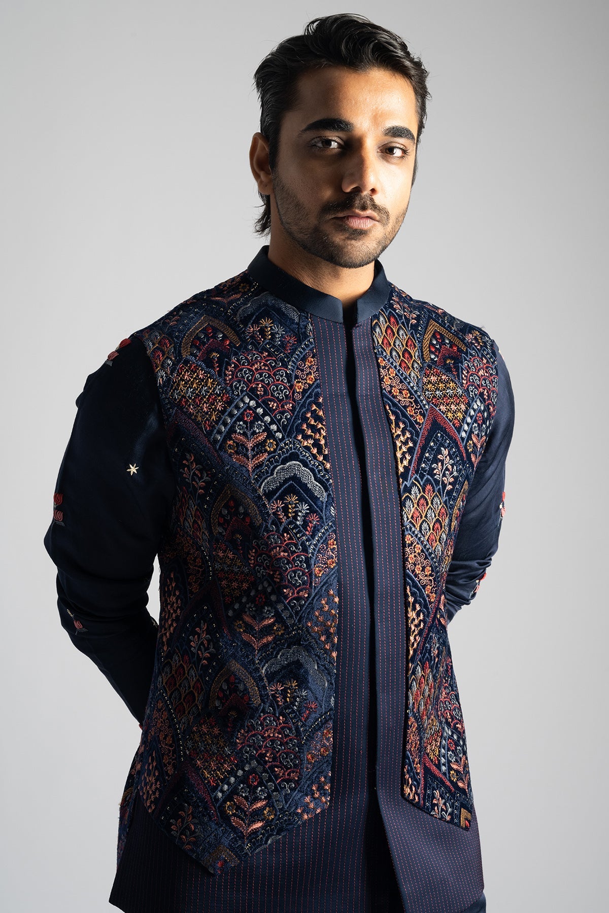 Buy Blue Embroidered Bundi Jacket for men by Paarsh Atelier online available at scrollnshops