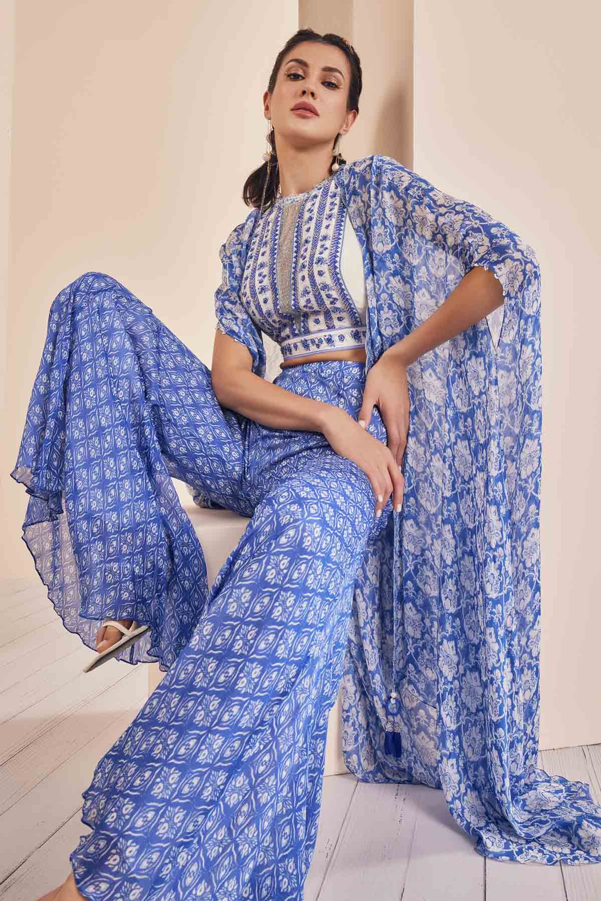 Buy Blue Embroidered Cape & Sharara Set by Mandira Wirk